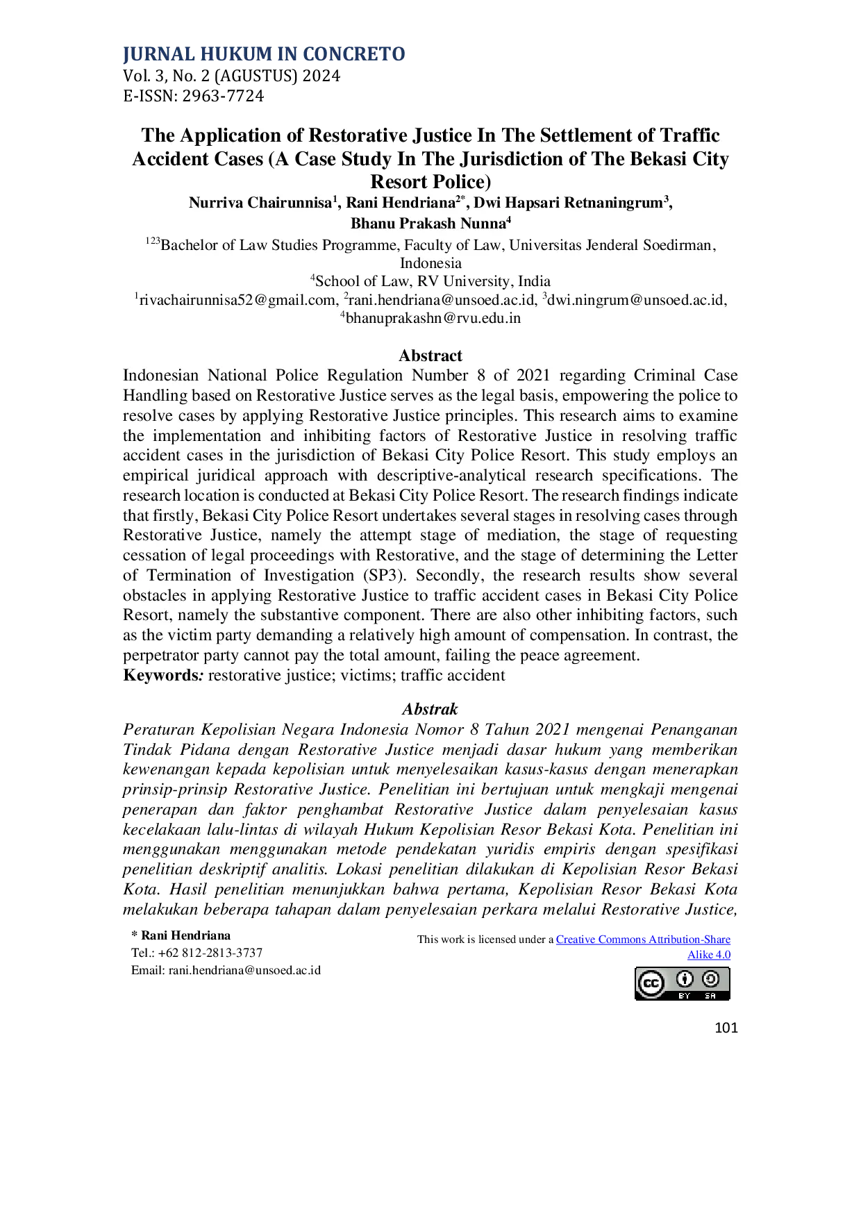 JURIS The Application of Restorative Justice In The Settlement of Traffic Accident Cases A Case Study In The Jurisdiction of The Bekasi City Resort Police