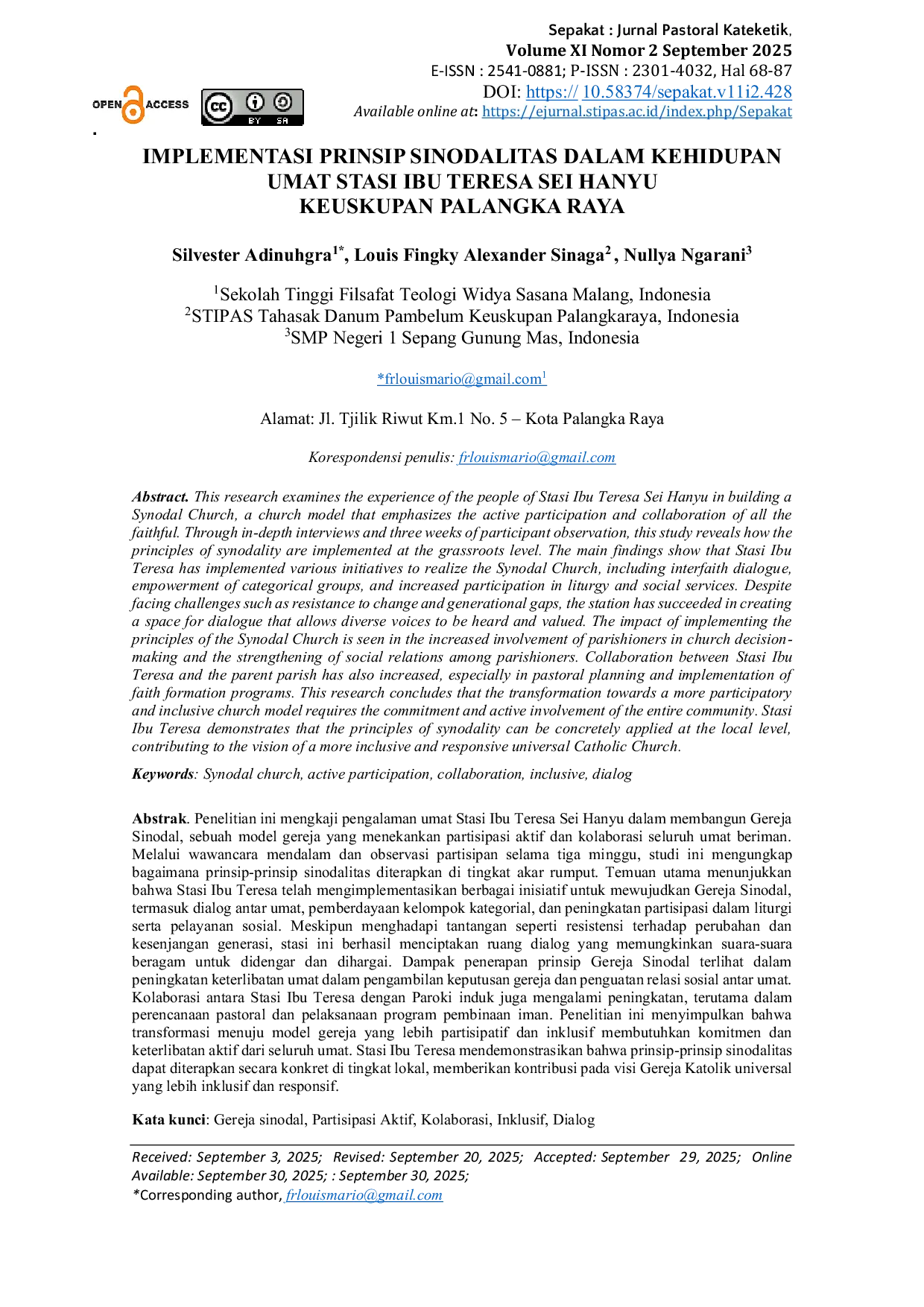 JURIS Implementasi Prinsip Sinodalitas dalam Kehidupan Umat Stasi Ibu Teresa Sei Hanyu Keuskupan Palangka Raya