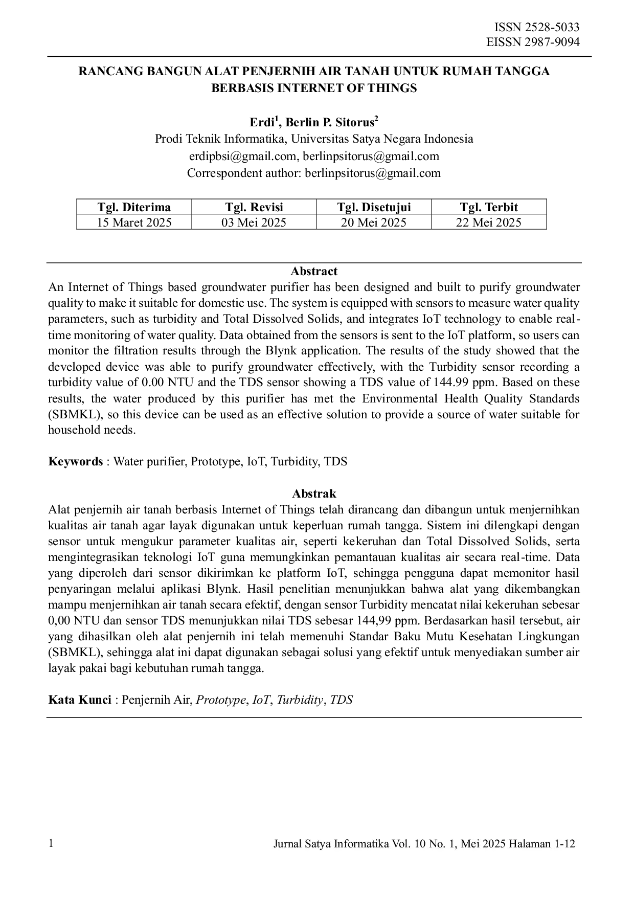 JURIS Rancang Bangun Alat Penjernih Air Tanah Untuk Rumah Tangga Berbasis Internet Of Things