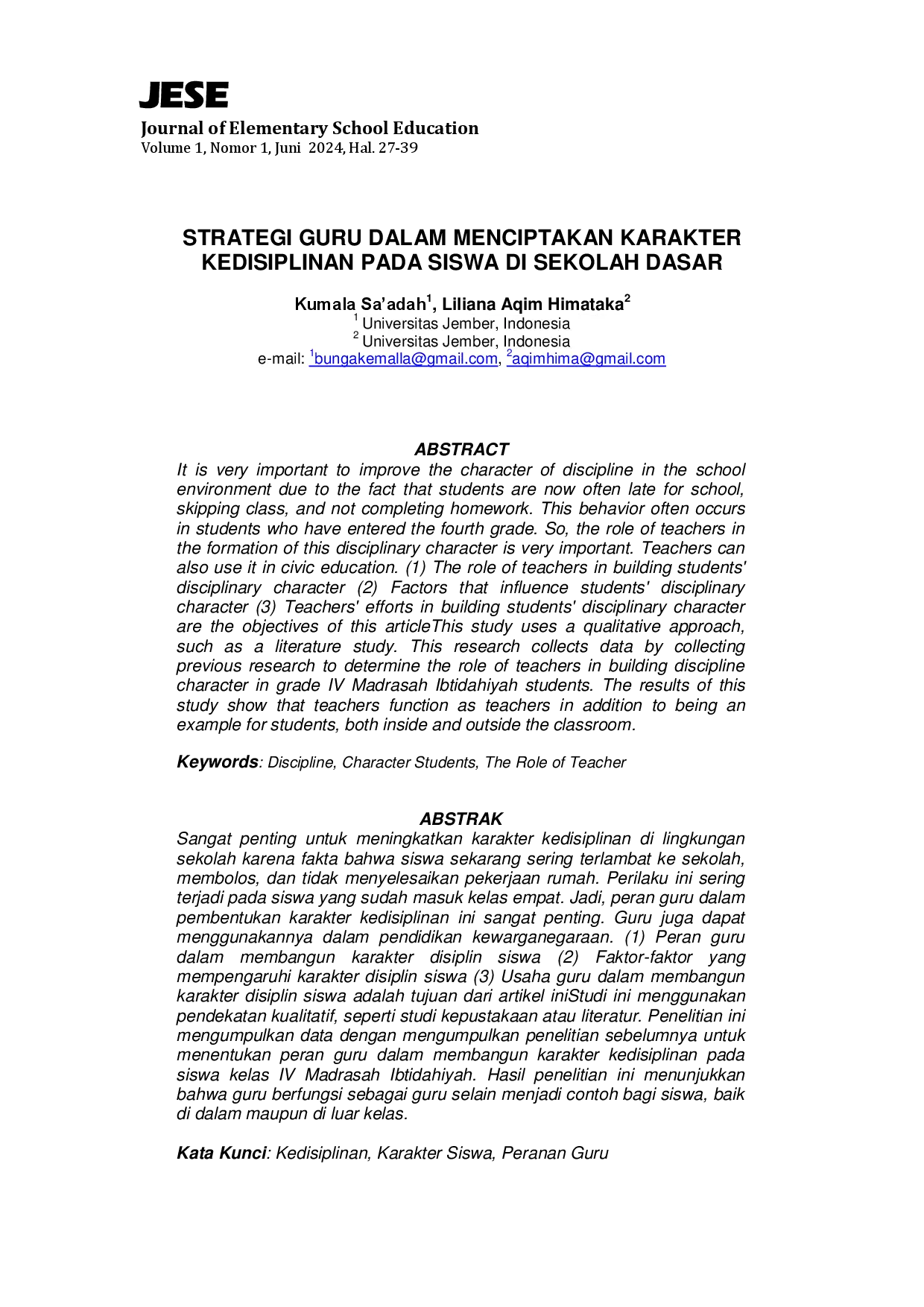 juris Strategi Guru Dalam Menciptakan Karakter Kedisiplinan Pada Siswa Di Sekolah Dasar