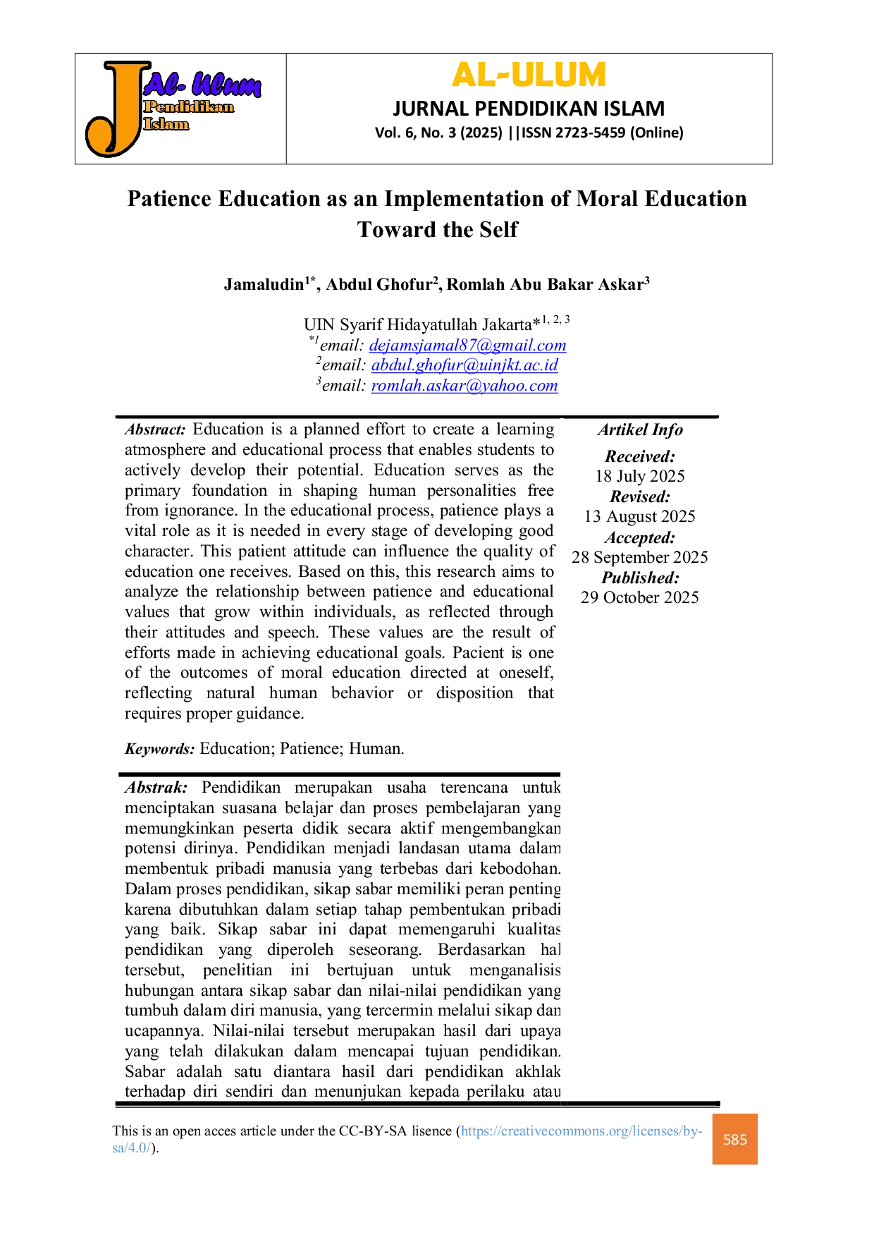 JURIS Patience Education as an Implementation of Moral Education Toward the Self