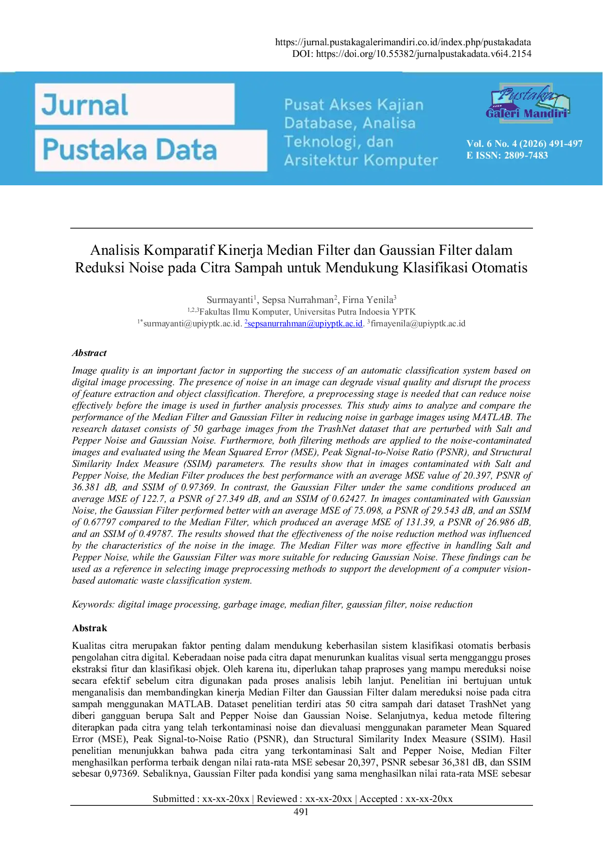 JURIS Analisis Komparatif Kinerja Median Filter dan Gaussian Filter dalam Reduksi Noise pada Citra Sampah untuk Mendukung Klasifikasi Otomatis