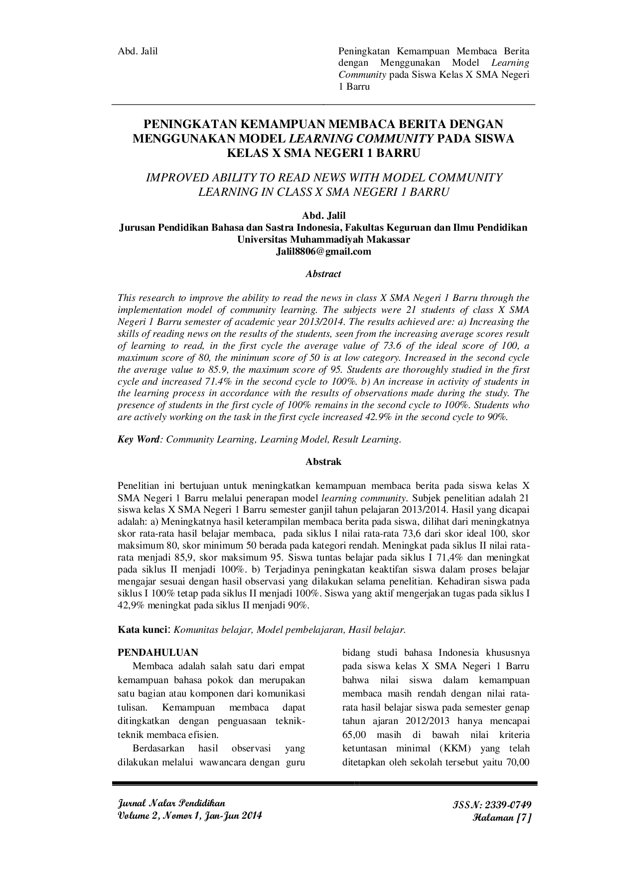 JURIS Peningkatan Kemampuan Membaca Berita Dengan Menggunakan Model Learning Community Pada Siswa Kelas X Sma Negeri 1 Barru