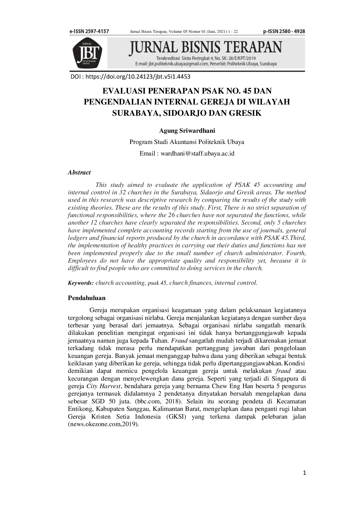 JURIS Evaluasi Penerapan PSAK No 45 dan Pengendalian Internal Gereja di Wilayah Surabaya Sidoarjo dan Gresik