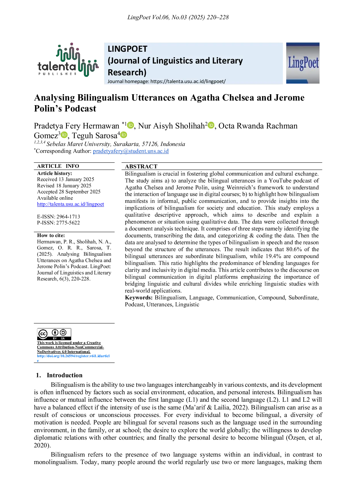 JURIS Analysing Bilingualism Utterances on Agatha Chelsea and Jerome Polin s Podcast