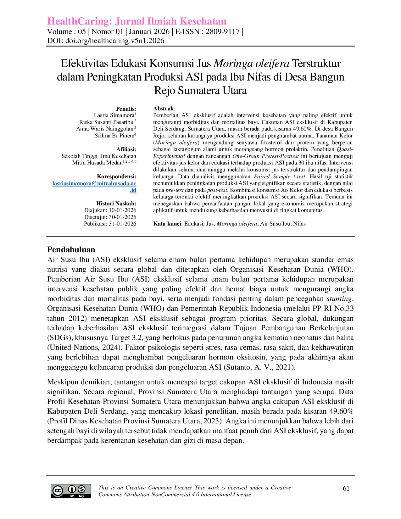 JURIS Efektivitas Edukasi Konsumsi Jus Moringa oleifera Terstruktur dalam Peningkatan Produksi ASI pada Ibu Nifas di Desa Bangun Rejo Sumatera Utara