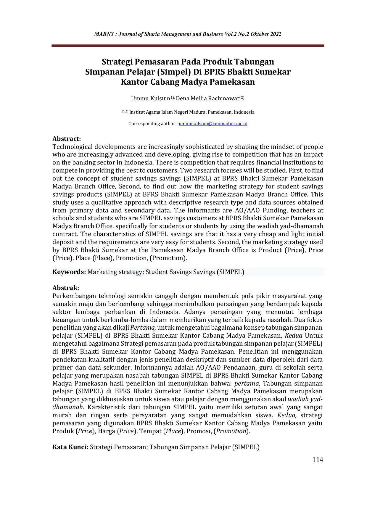 JURIS Strategi Pemasaran Pada Produk Tabungan Simpanan Pelajar SIMPEL Di BPRS Bhakti Sumekar Kantor Cabang Madya Pamekasan