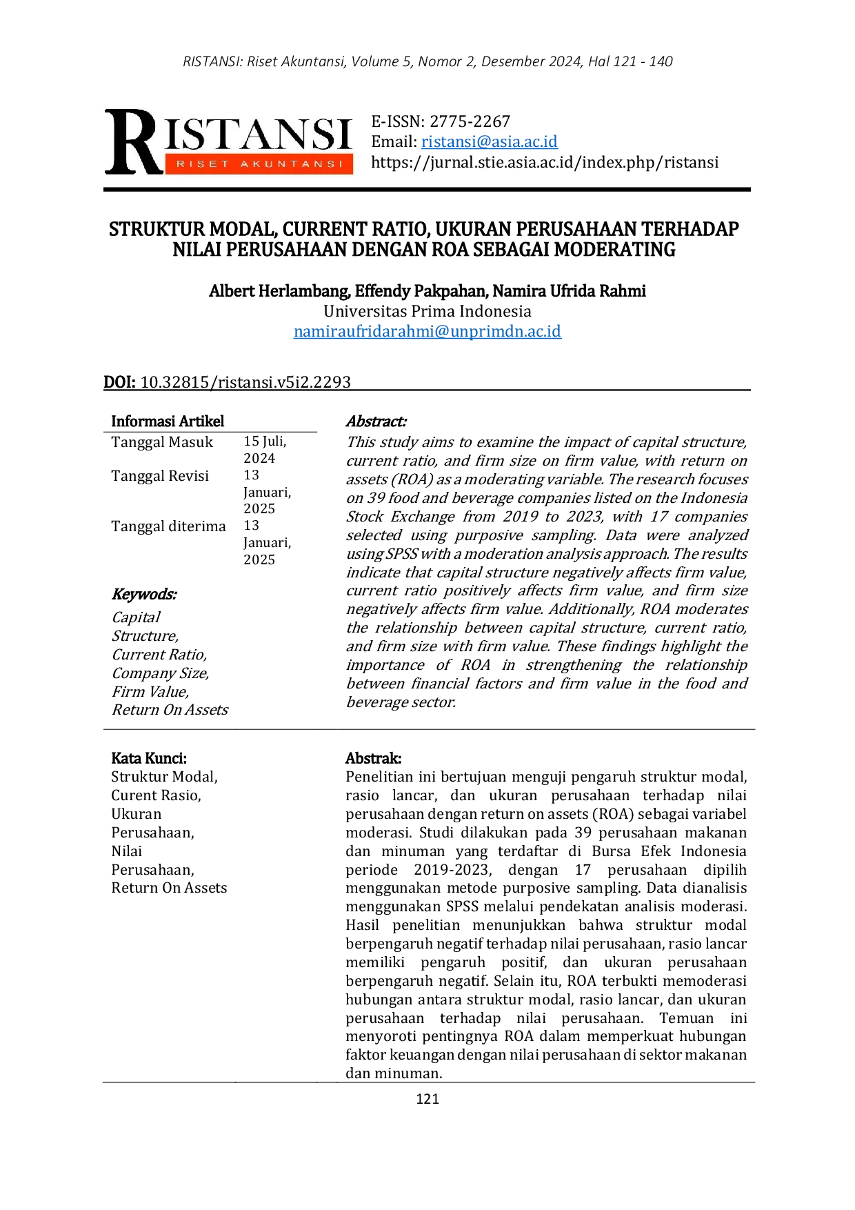 JURIS Struktur Modal Current Ratio Ukuran Perusahaan Terhadap Nilai Perusahaan Dengan Roa Sebagai Moderating