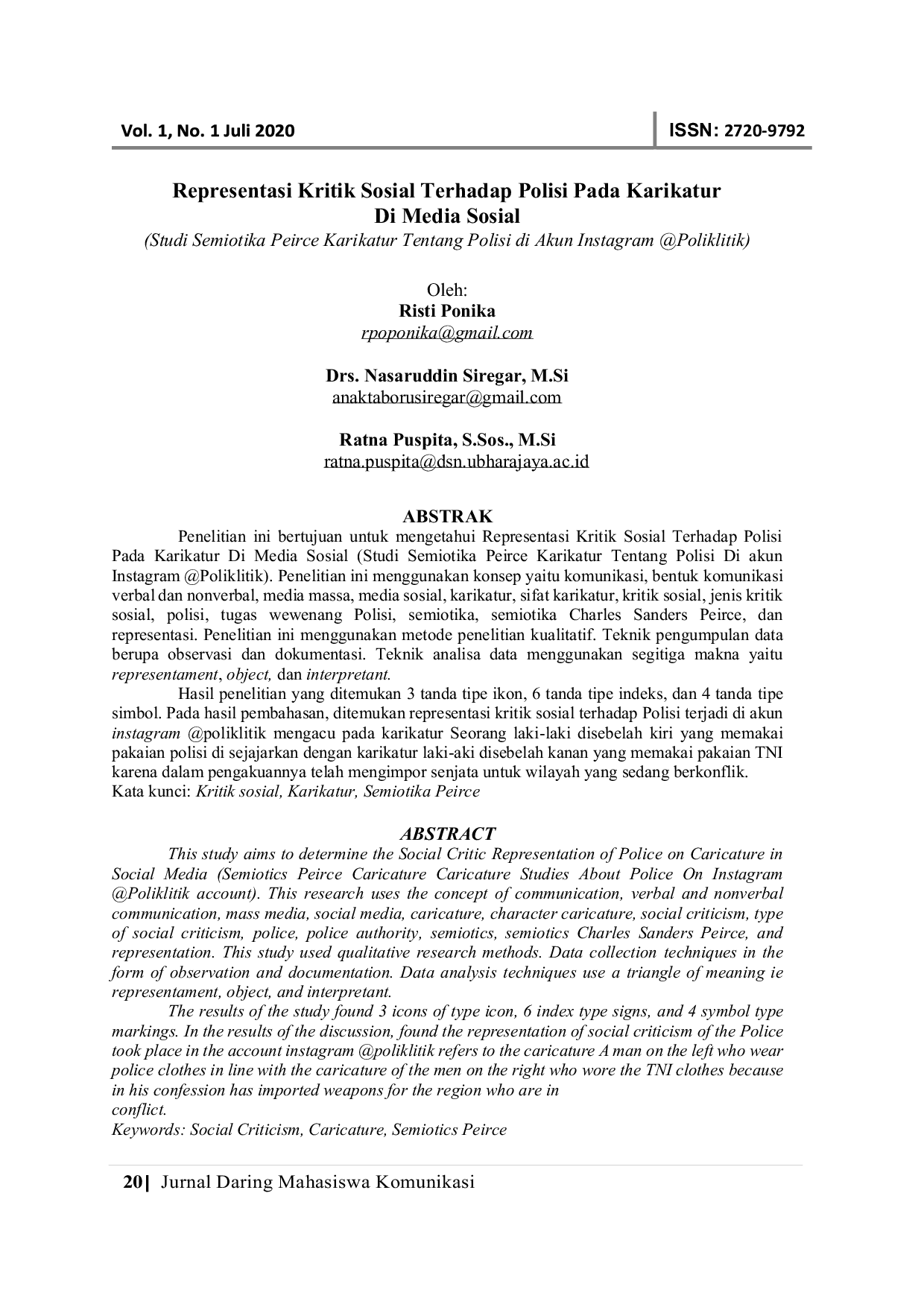 JURIS Representasi Kritik Sosial Terhadap Polisi Pada Karikatur Di Media Sosial Studi Semiotika Peirce Karikatur Tentang Polisi di Akun Instagram Poliklitik