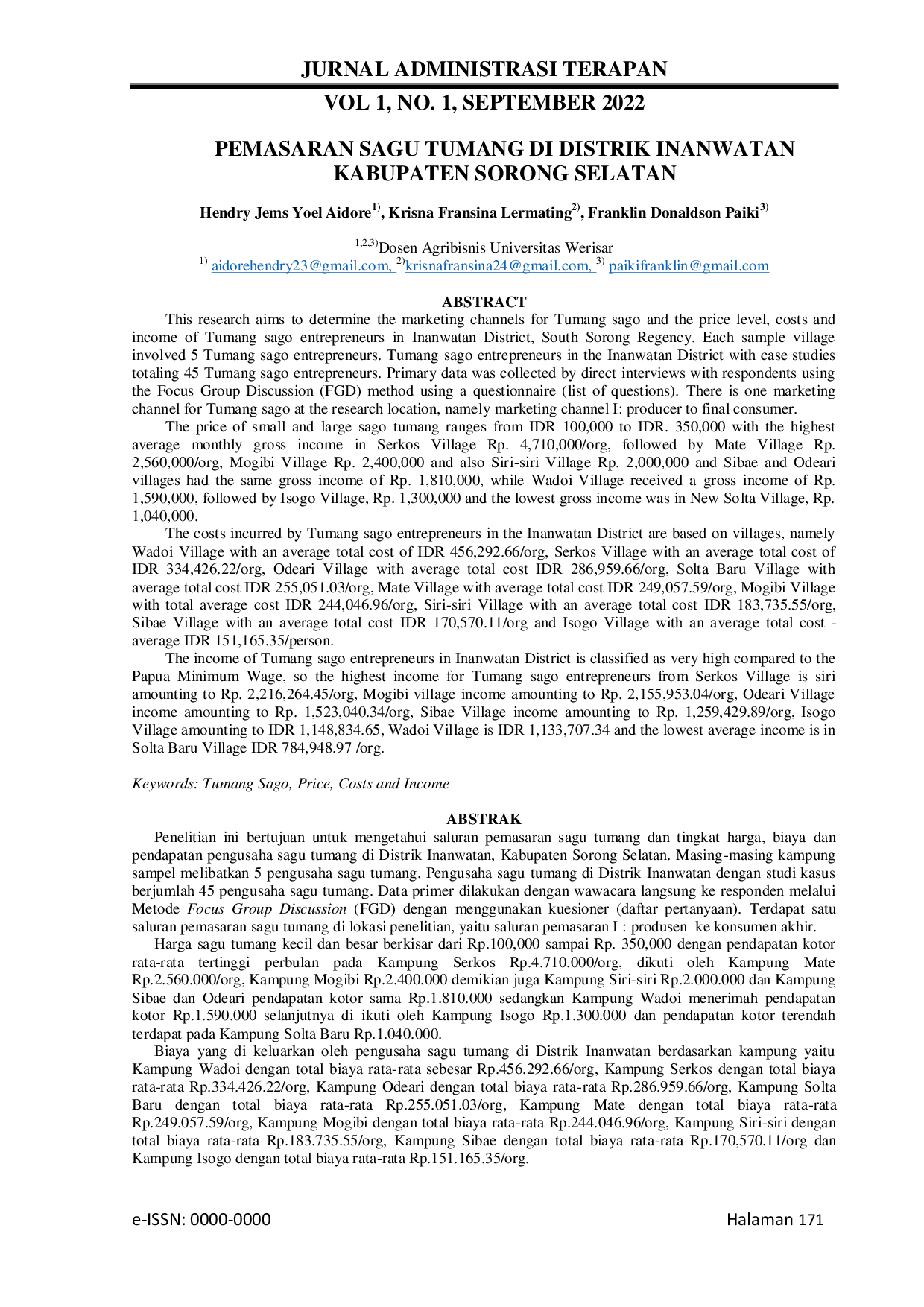 JURIS Pemasaran Sagu Tumang di Distrik Inanwatan Kabupaten Sorong Selatan