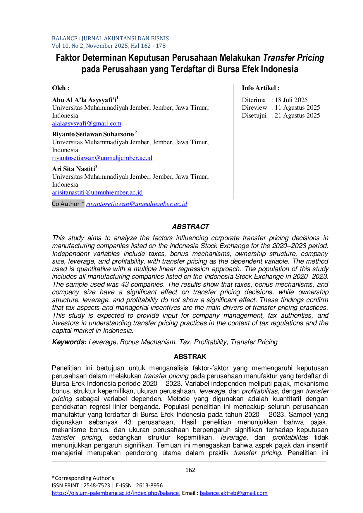 JURIS Faktor Determinan Keputusan Perusahaan Melakukan Transfer Pricing pada Perusahaan yang Terdaftar di Bursa Efek Indonesia