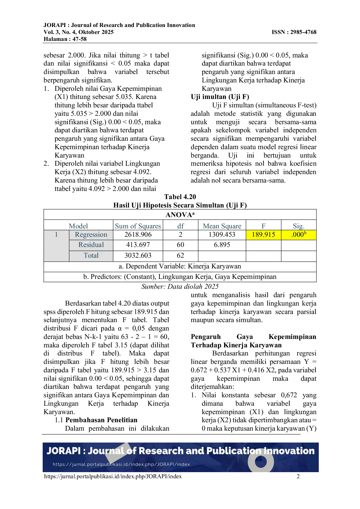 JURIS Pengaruh Gaya Kepemimpinan Dan Lingkungan Kerja Terhadap Kinerja Karyawan Pada PT Prime Supply Solutions Kota Depok