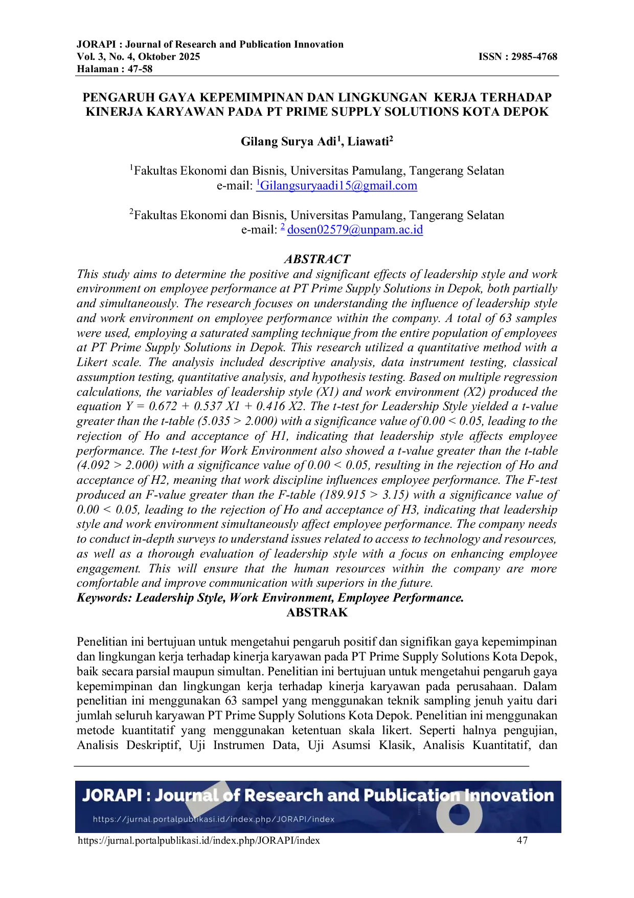 JURIS Pengaruh Gaya Kepemimpinan Dan Lingkungan Kerja Terhadap Kinerja Karyawan Pada PT Prime Supply Solutions Kota Depok