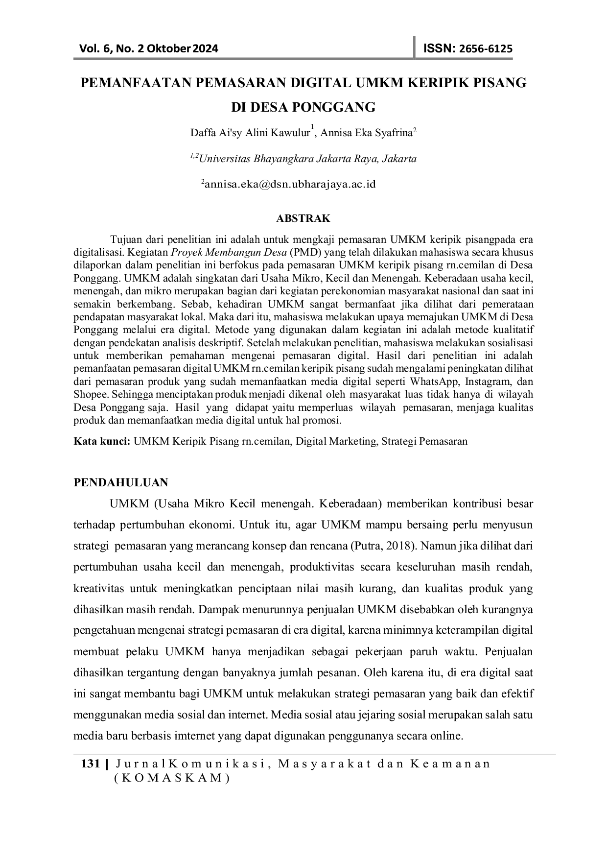 JURIS Pemanfaatan Pemasaran Digital UMKM Keripik Pisang di Desa Ponggang