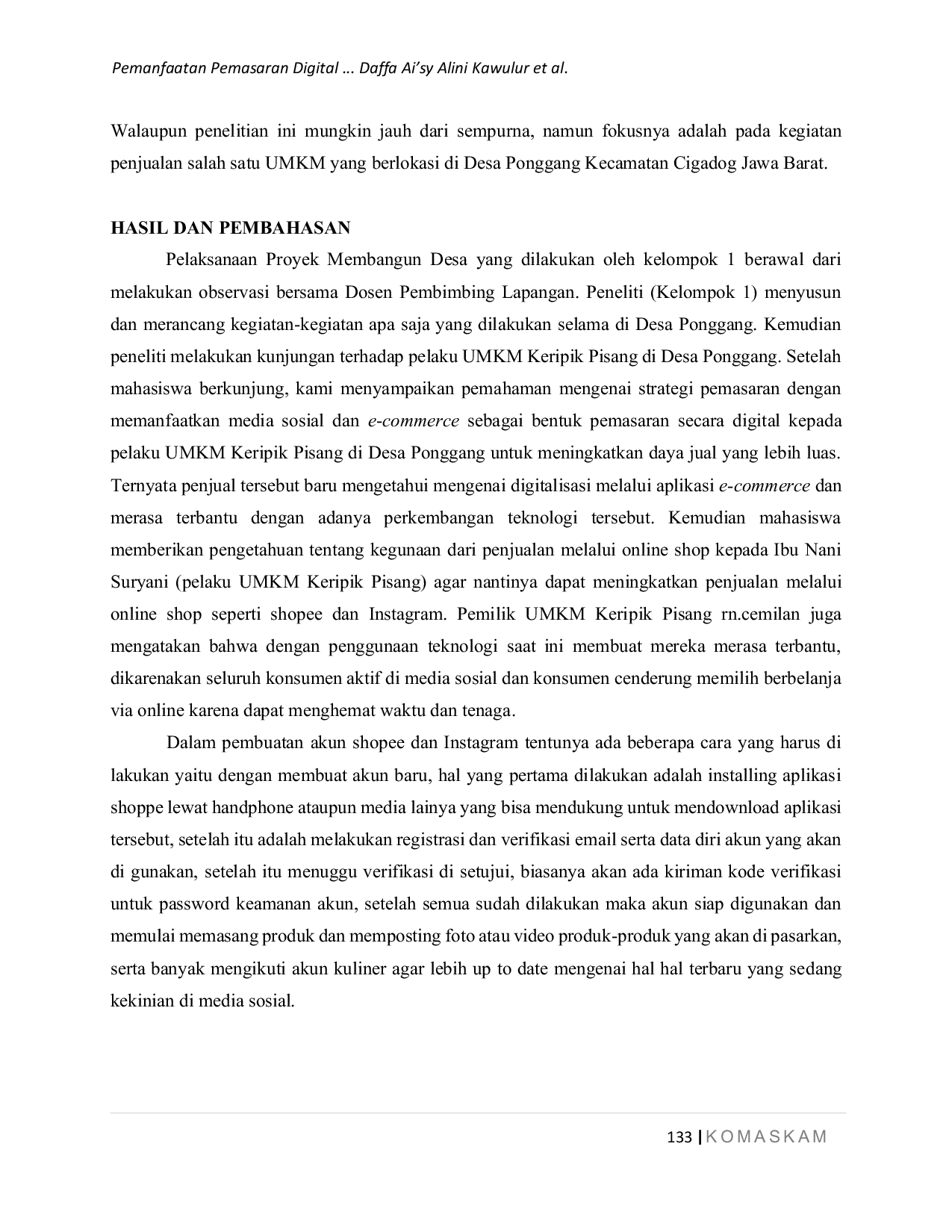 JURIS Pemanfaatan Pemasaran Digital UMKM Keripik Pisang di Desa Ponggang