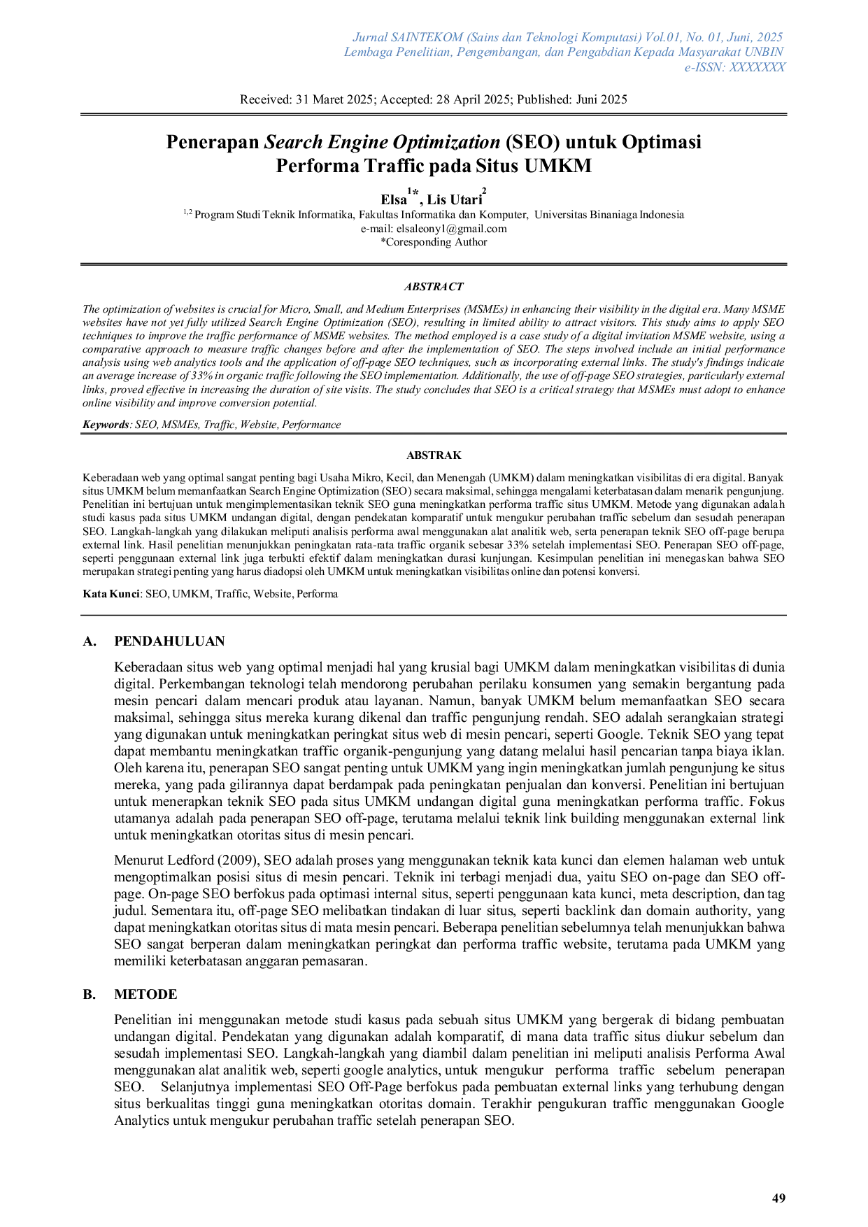 JURIS Penerapan Search Engine Optimization SEO untuk OptimasiPerforma Traffic pada Situs UMKM
