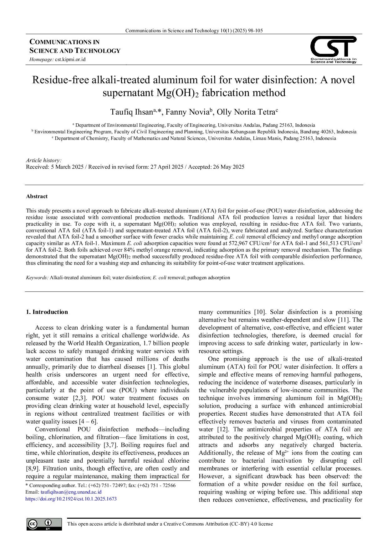 JURIS Residue free alkali treated aluminum foil for water disinfection A novel supernatant Mg OH 2 fabrication method