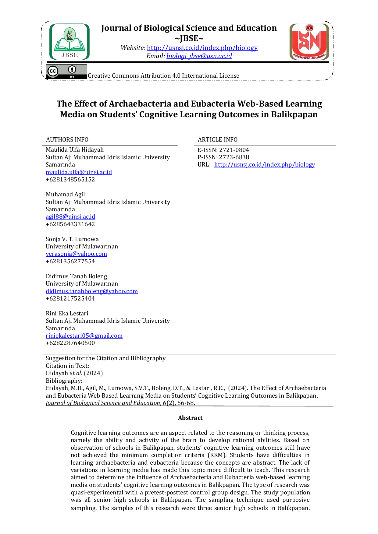 JURIS The Effect of Archaebacteria and Eubacteria Web Based Learning Media on Students Cognitive Learning Outcomes in Balikpapan