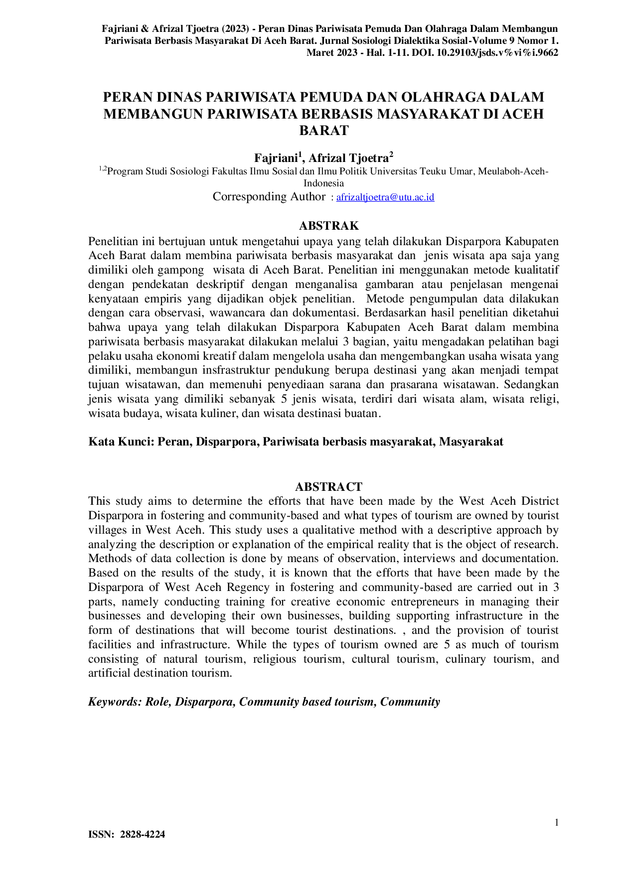 JURIS Peran Dinas Pariwisata Pemuda Dan Olahraga Dalam Membangun Pariwisata Berbasis Masyarakat Di Aceh Barat