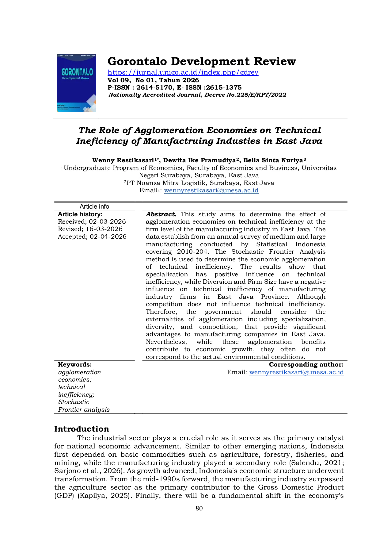 JURIS The Role of Agglomeration Economies on East Java Technical Efficiency Manufacturing Industries