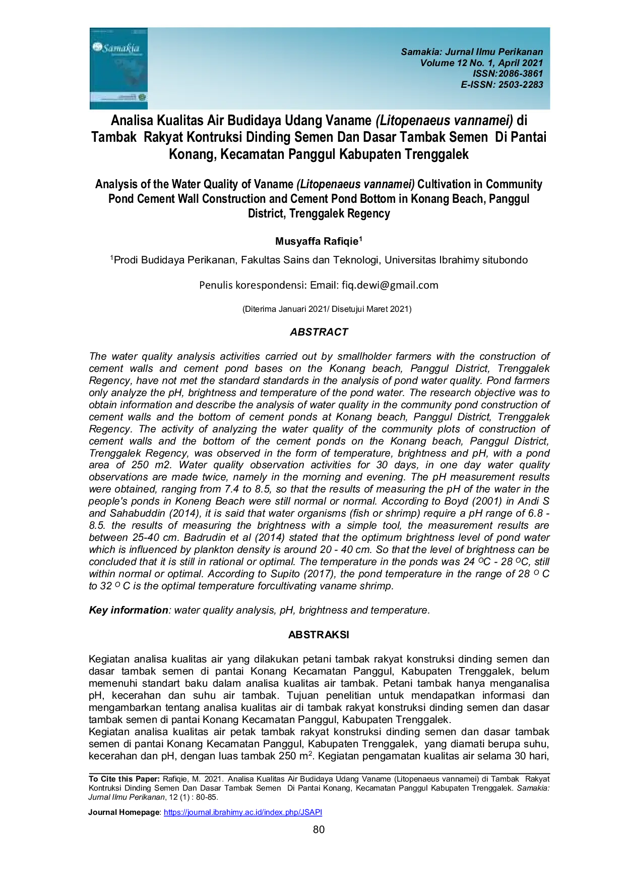 JURIS Analisa Kualitas Air Budidaya Udang Vaname Litopenaeus vannamei di Tambak Rakyat Kontruksi Dinding Semen Dan Dasar Tambak Semen Di Pantai Konang Kecamatan Panggul Kabupaten Trenggalek