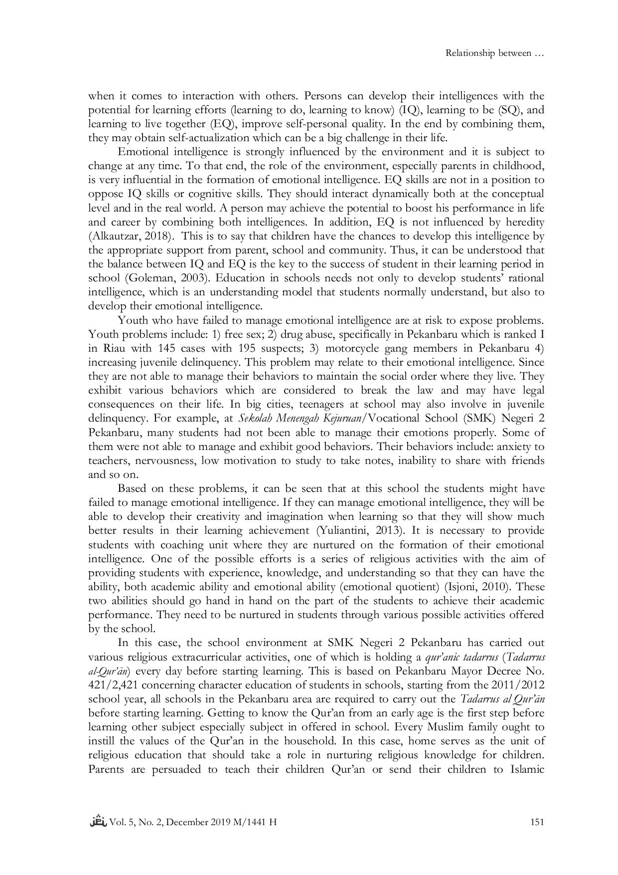 JURIS Relationship between Students Emotional Intelligence and Their Tadarus Al Qur an Activities