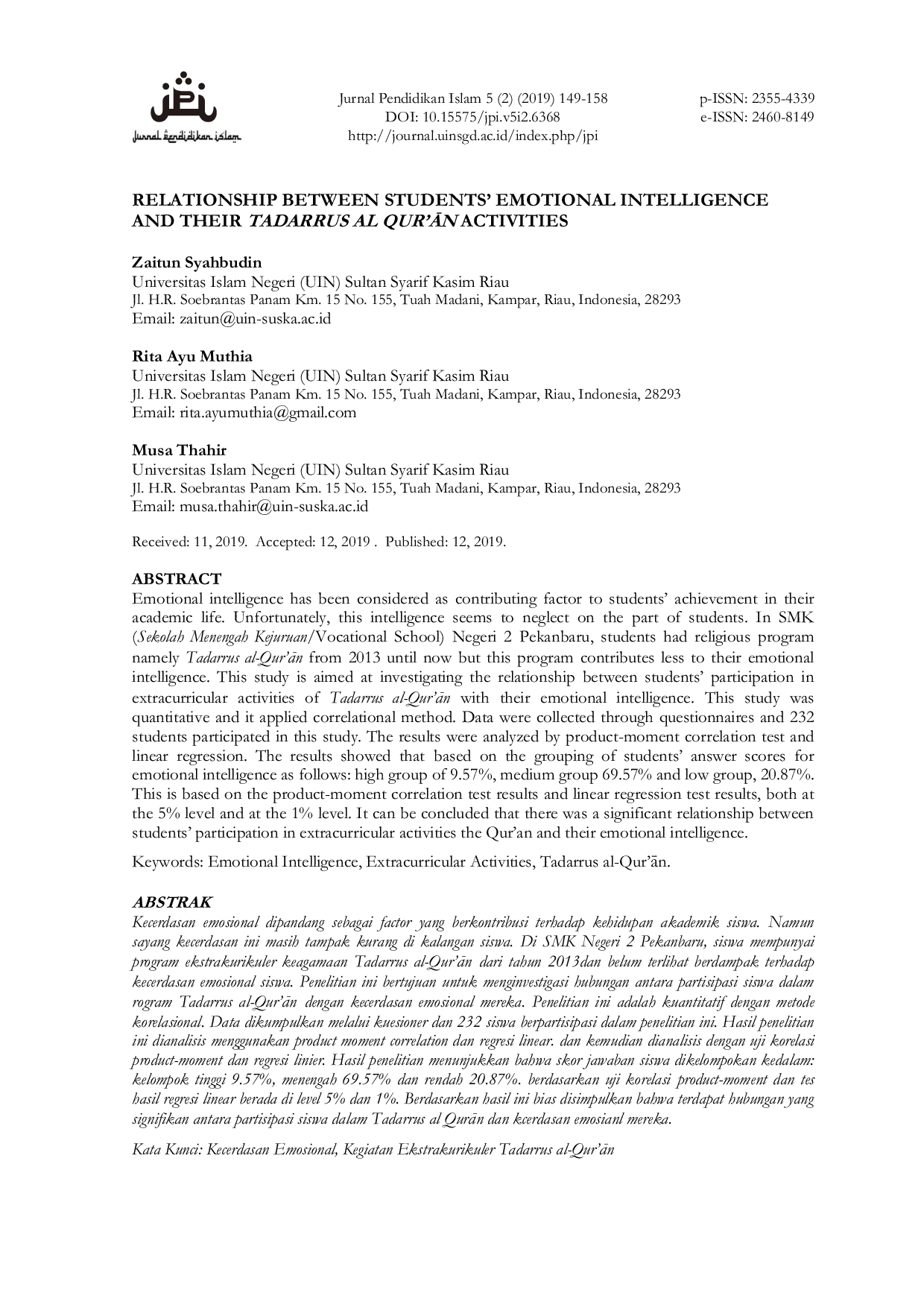 JURIS Relationship between Students Emotional Intelligence and Their Tadarus Al Qur an Activities