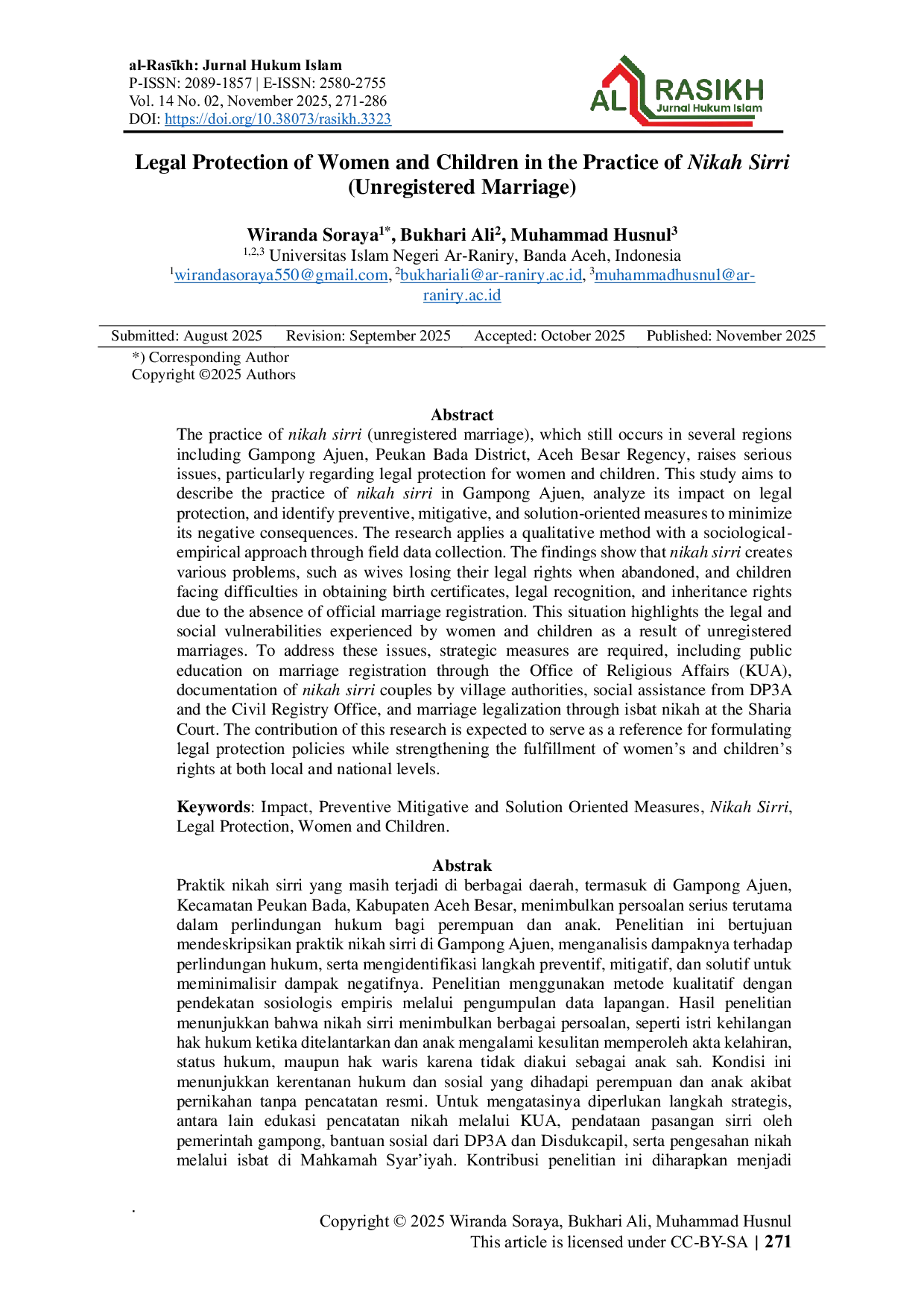 JURIS Legal Protection of Women and Children in the Practice of Nikah Sirri Unregistered Marriage