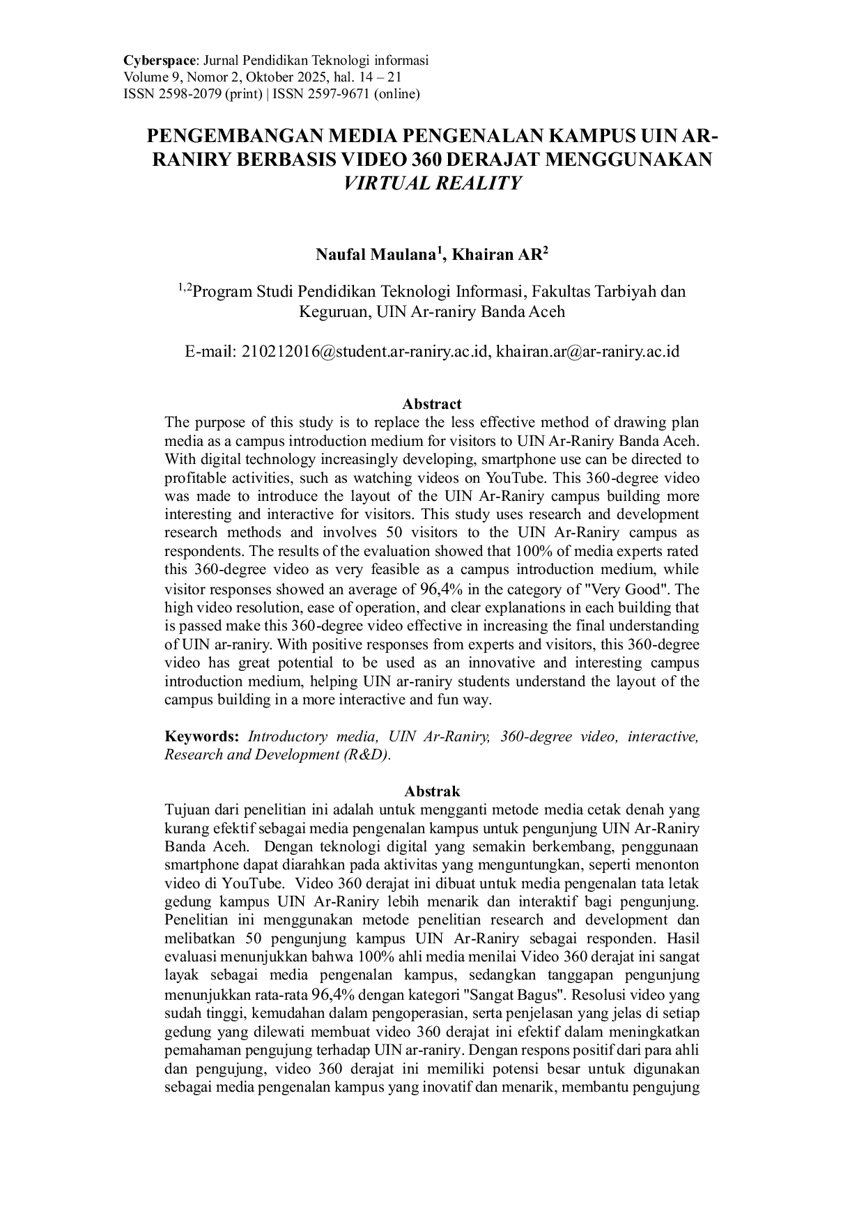 JURIS Pengembangan Media Pengenalan Kampus UIN Ar Raniry Berbasis Video 360 Derajat Menggunakan Virtual Reality