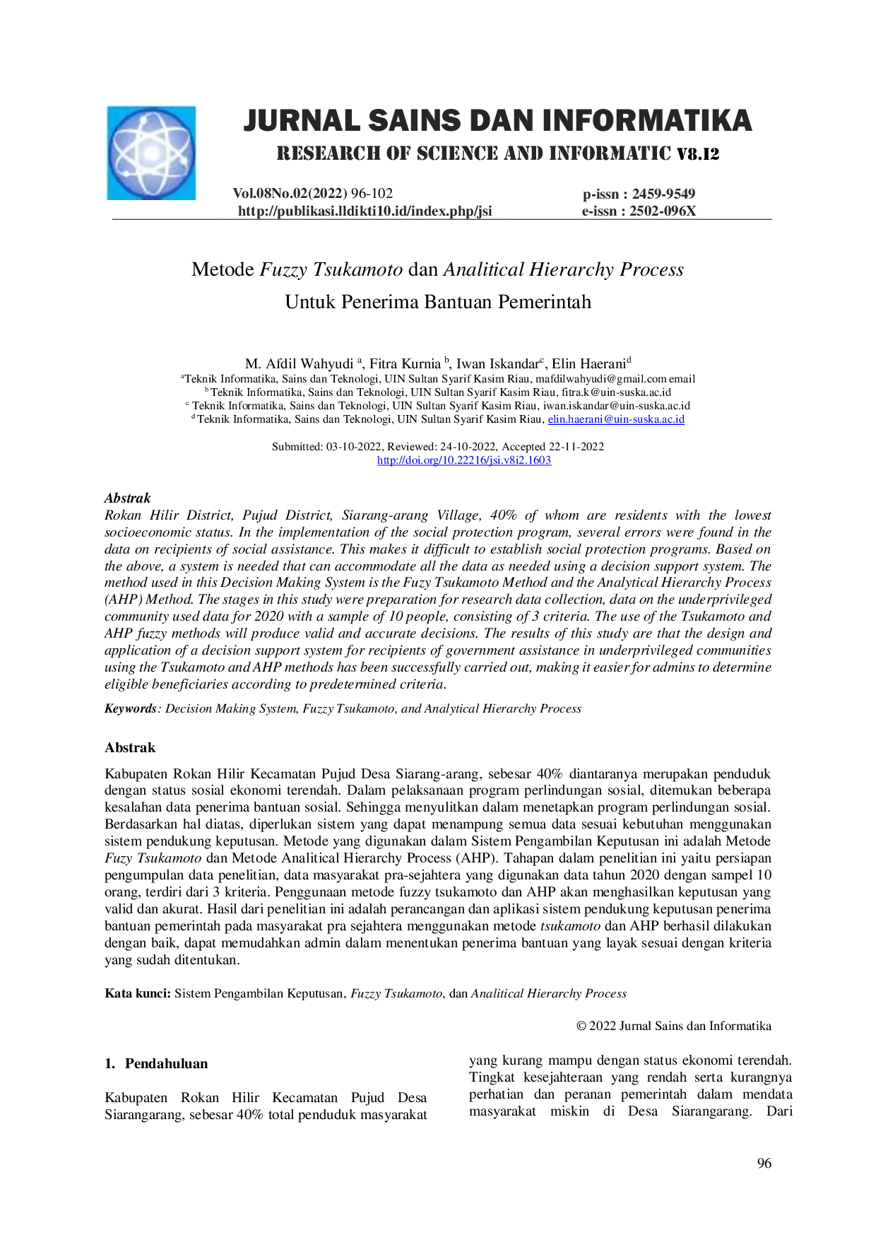 JURIS Metode Fuzzy Tsukamoto dan Analitical Hierarchy Process Untuk Penerima Bantuan Pemerintah