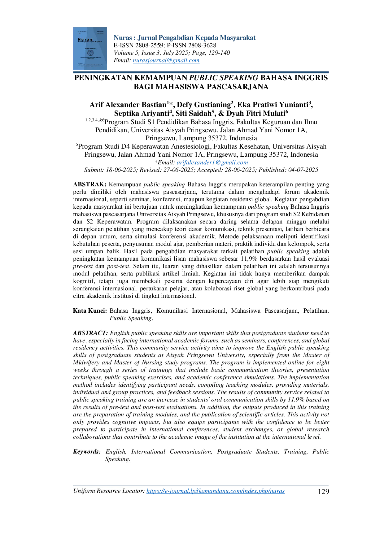 JURIS Peningkatan Kemampuan Public Speaking Bahasa Inggris bagi Mahasiswa Pascasarjana