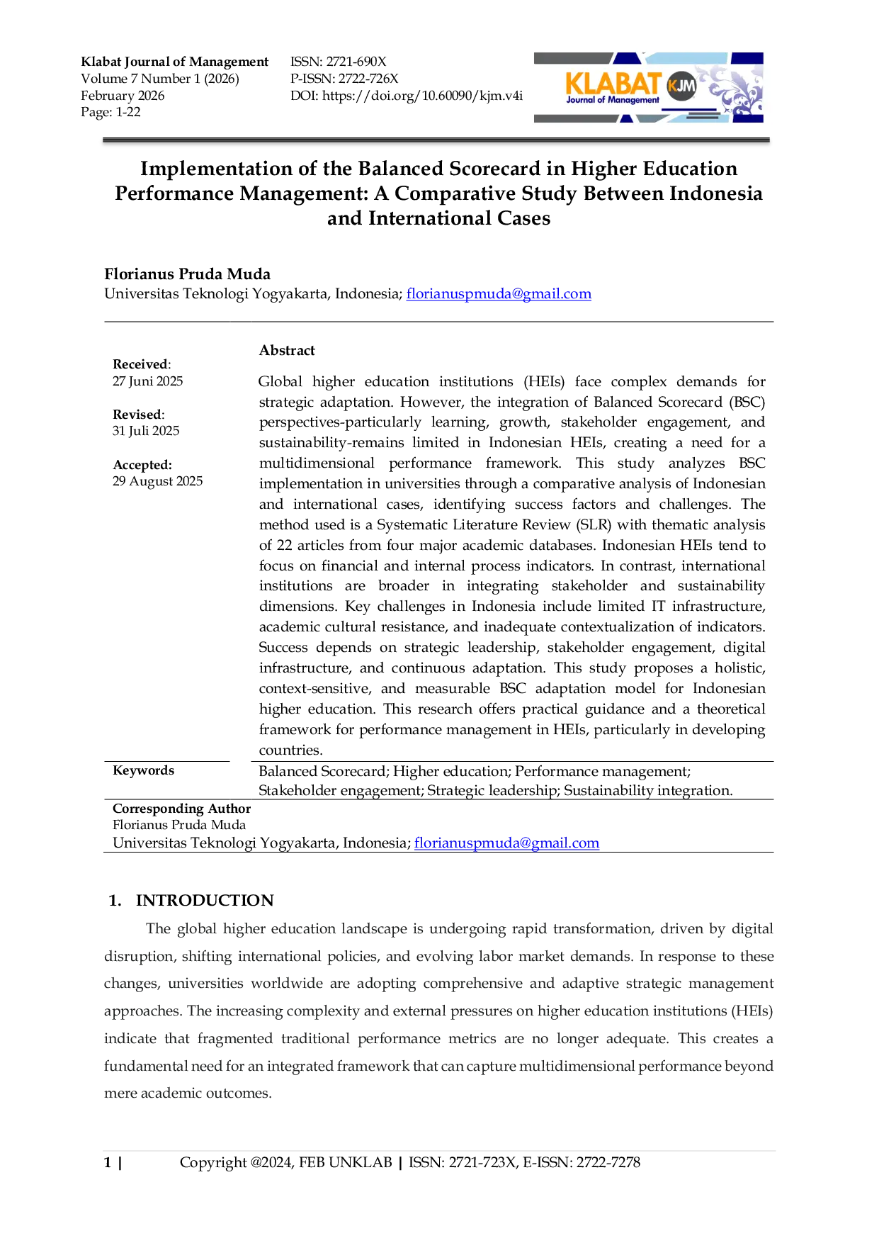 JURIS Implementation of the Balanced Scorecard in Higher Education Performance Management A Comparative Study Between Indonesia and International Cases