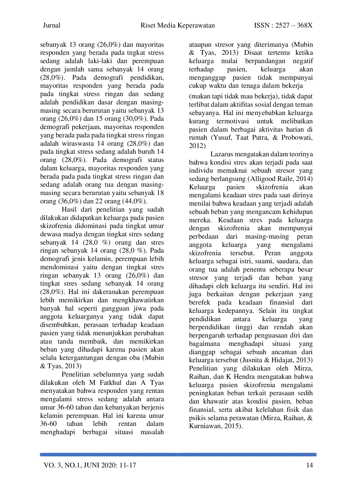 JURIS Gambaran Tingkat Stres Keluarga Pasien Skizofrenia Berdasarkan Karakteristik Demografi di Rsjd Dr Amino Gondohutomo