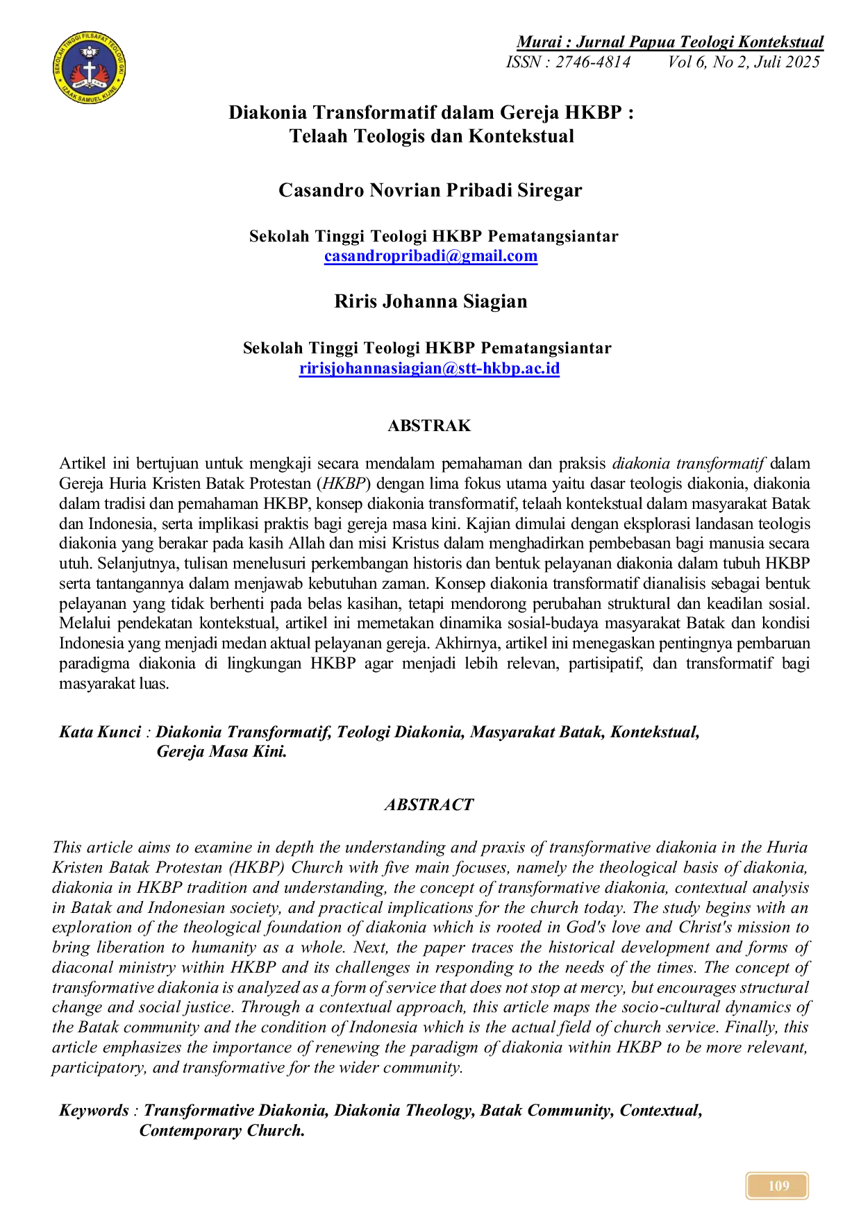 JURIS Diakonia Transformatif Dalam Gereja HKBP Telaah Teologis dan Kontekstual