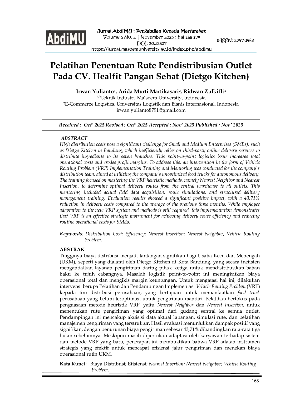 JURIS Pelatihan Penentuan Rute Pendistribusian Outlet Pada CV Healfit Pangan Sehat Dietgo Kitchen