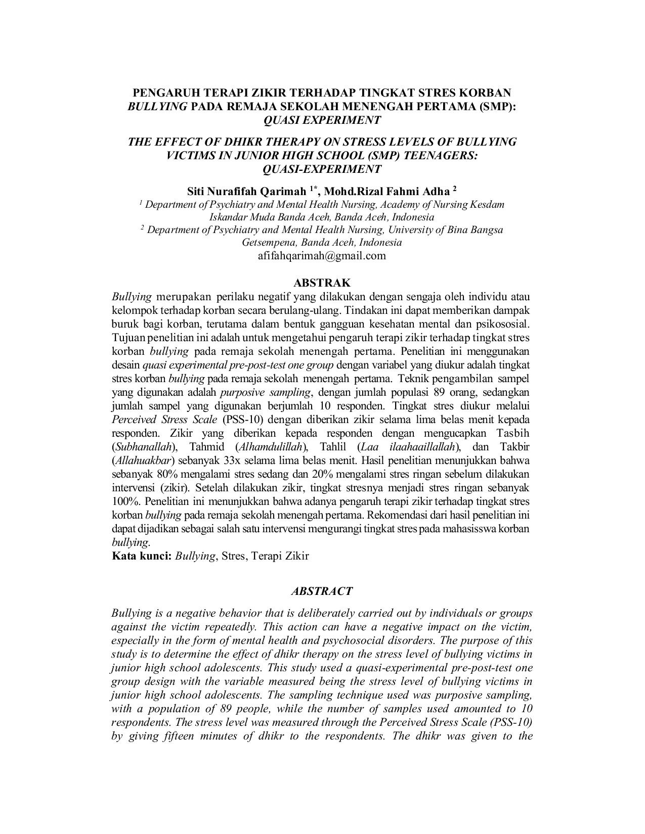 JURIS Pengaruh Terapi Zikir Terhadap Tingkat Stres Korban Bullying Pada Remaja Sekolah Menengah Pertama SMP Quasi Experiment