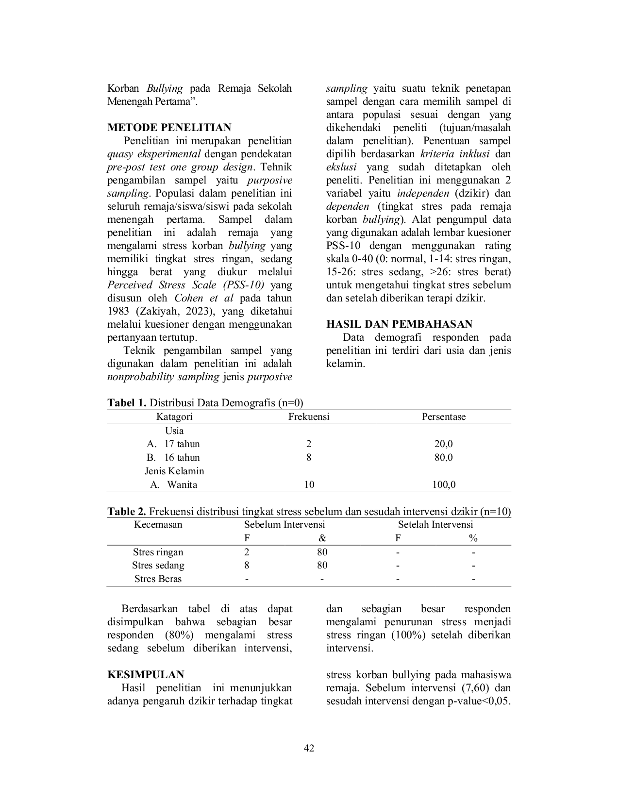 JURIS Pengaruh Terapi Zikir Terhadap Tingkat Stres Korban Bullying Pada Remaja Sekolah Menengah Pertama SMP Quasi Experiment