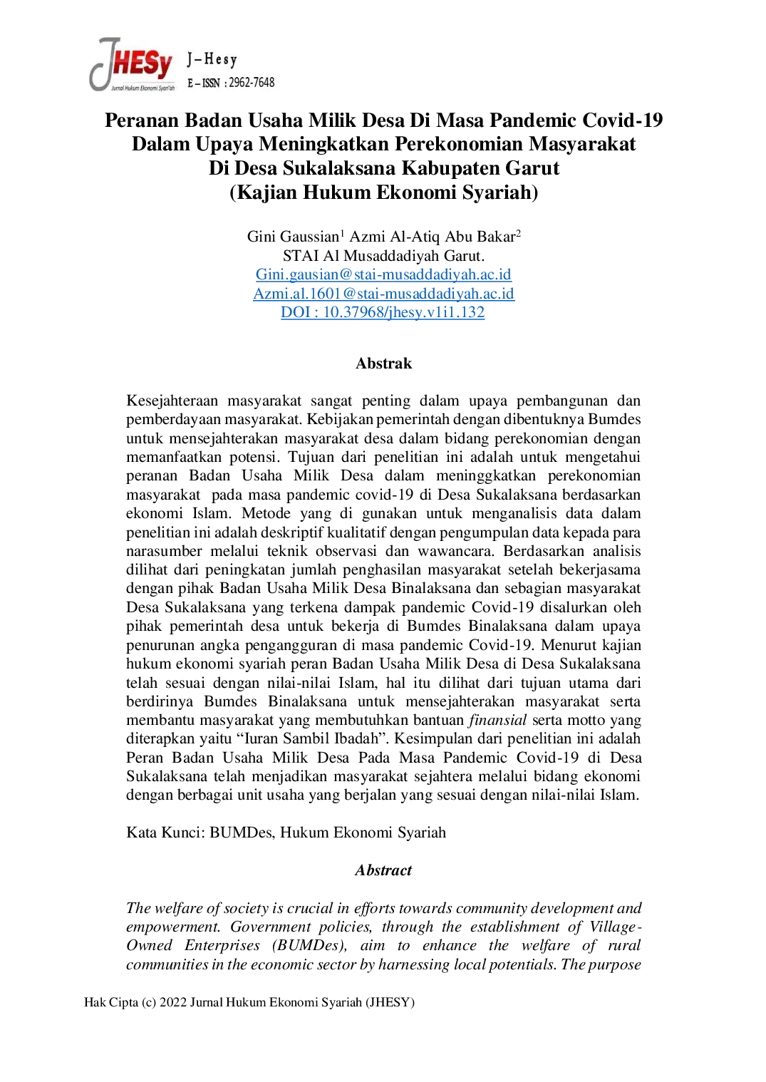 JURIS Peranan Badan Usaha Milik Desa Di Masa Pandemic Covid 19 Dalam Upaya Meningkatkan Perekonomian Masyarakat Di Desa Sukalaksana Kabupaten Garut Kajian Hukum Ekonomi Syariah