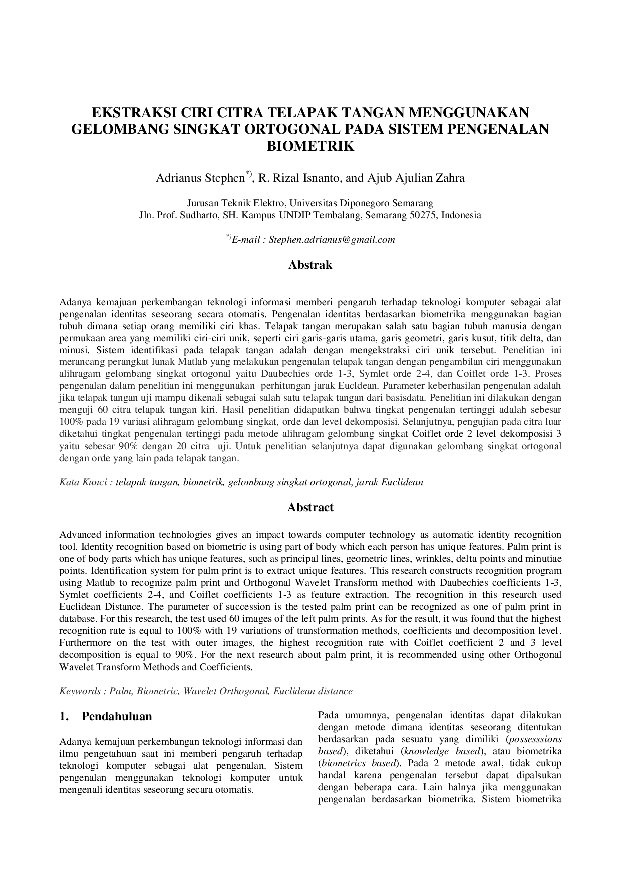 JURIS Ekstraksi Ciri Citra Telapak Tangan Menggunakan Gelombang Singkat Ortogonal Pada Sistem Pengenalan Biometrik