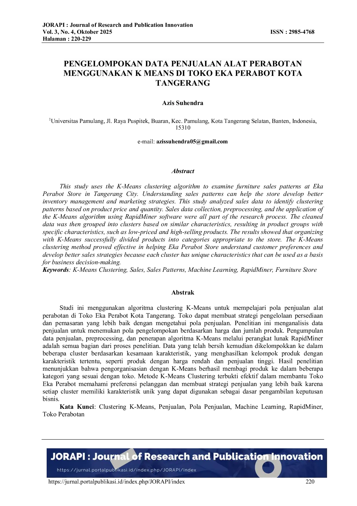 JURIS Pengelompokan Data Penjualan Alat Perabotan Menggunakan K Means Di Toko Eka Perabot Kota Tangerang