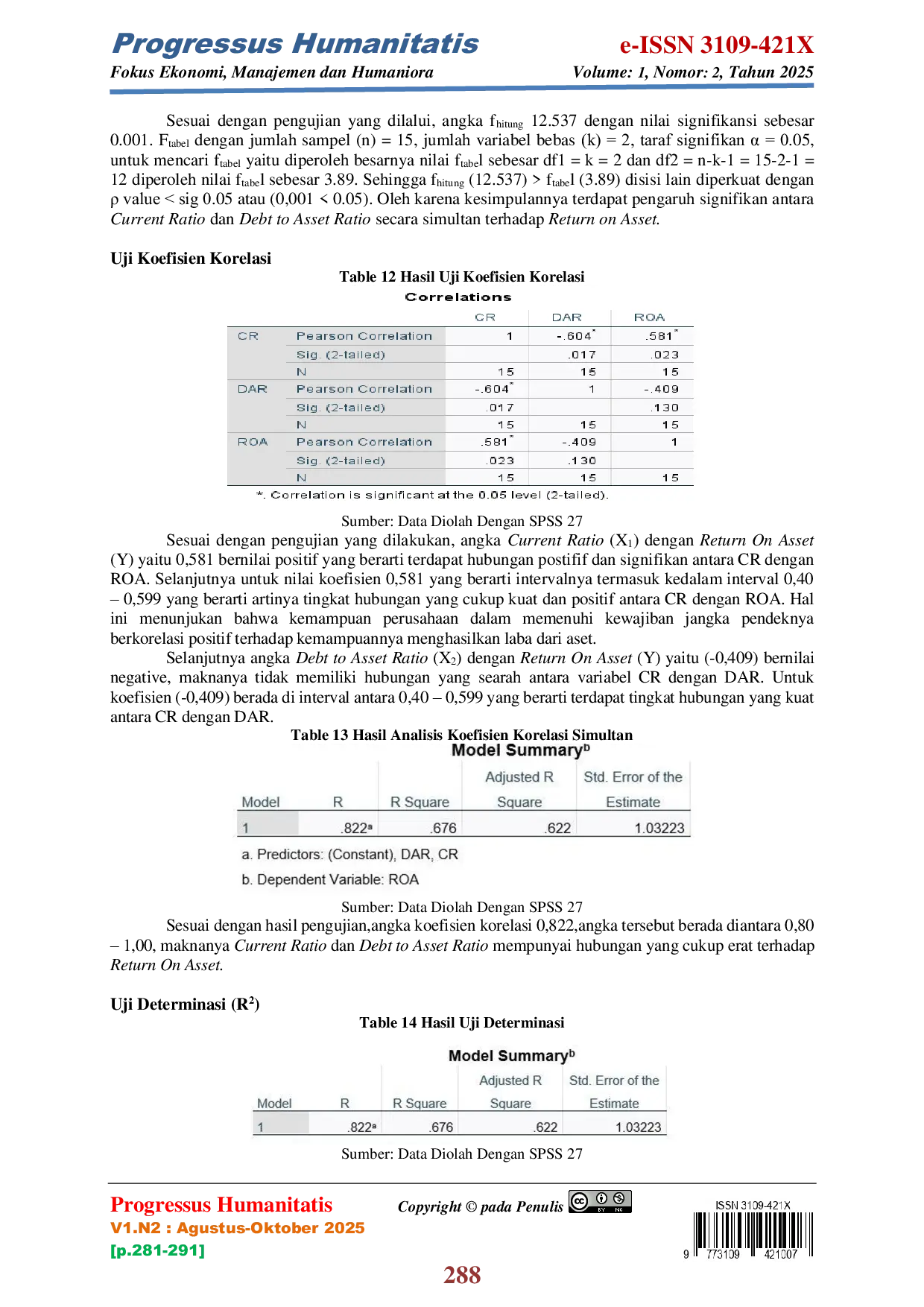 JURIS Pengaruh Current Ratio Dan Debt To Asset Ratio Terhadap Return On Asset Pada PT Mayora Indah TBK Periode 2010 2024