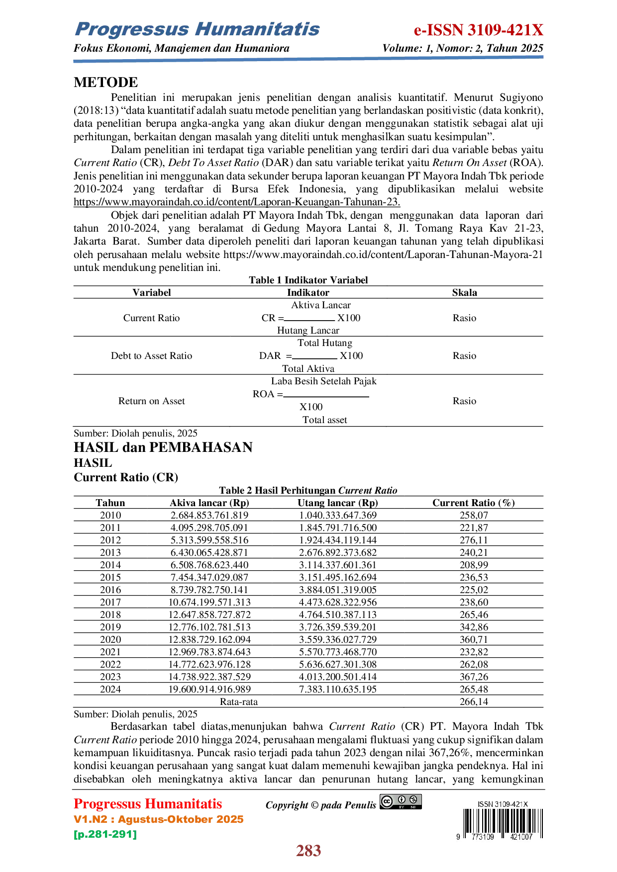 JURIS Pengaruh Current Ratio Dan Debt To Asset Ratio Terhadap Return On Asset Pada PT Mayora Indah TBK Periode 2010 2024