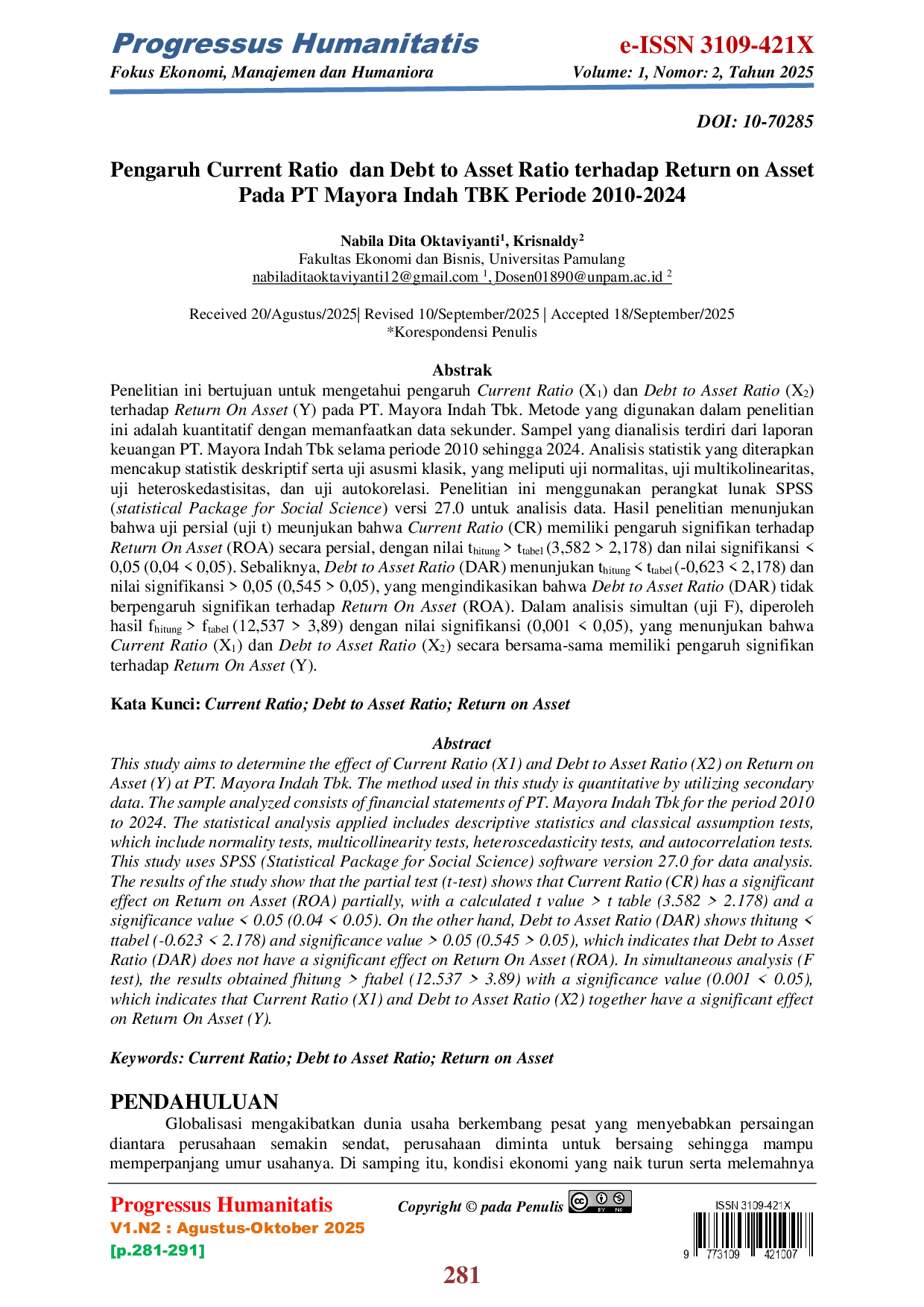 JURIS Pengaruh Current Ratio Dan Debt To Asset Ratio Terhadap Return On Asset Pada PT Mayora Indah TBK Periode 2010 2024