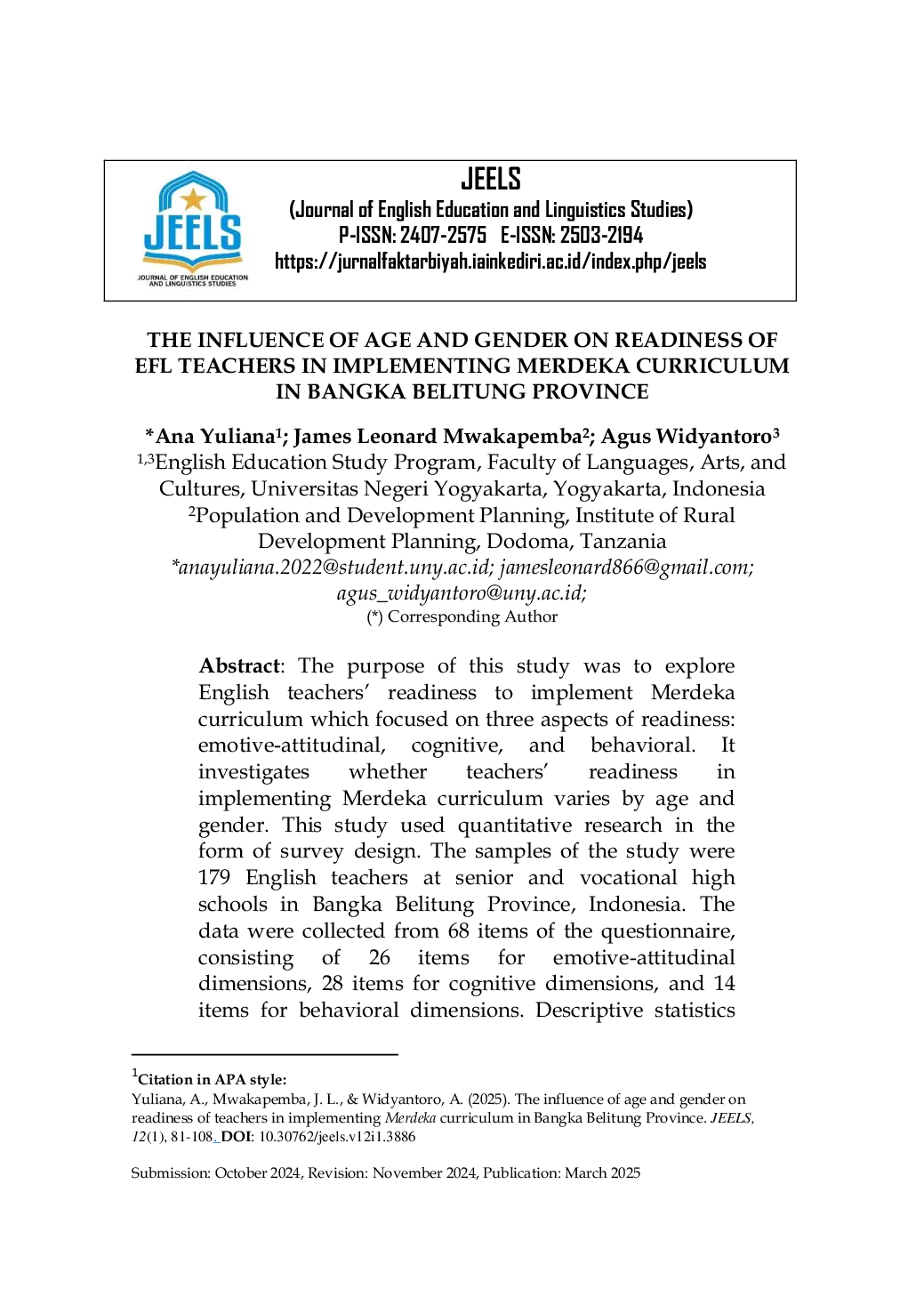JURIS The Influence of Age and Gender on Readiness of EFL Teachers in Implementing Merdeka Curriculum in Bangka Belitung Province
