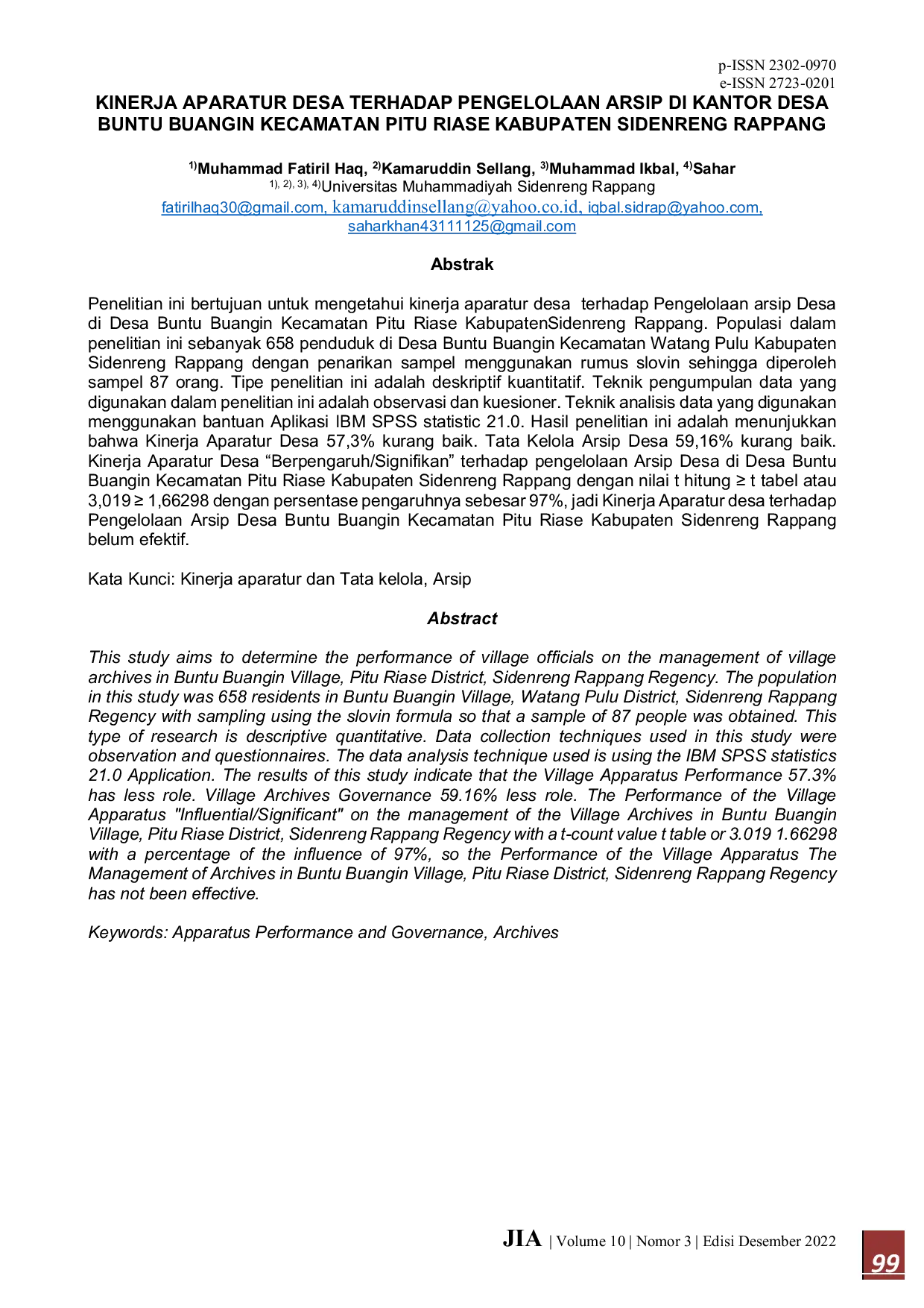 JURIS Kinerja Aparatur Desa Terhadap Pengelolaan Arsip Di Kantor Desa Buntu Buangin Kecamatan Pitu Riase Kabupaten Sidenreng Rappang