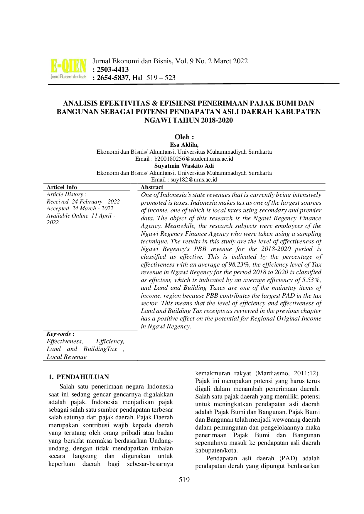 JURIS Analisis Efektivitas Efisiensi Penerimaan Pajak Bumi Dan Bangunan Sebagai Potensi Pendapatan Asli Daerah Kabupaten Ngawi Tahun 2018 2020
