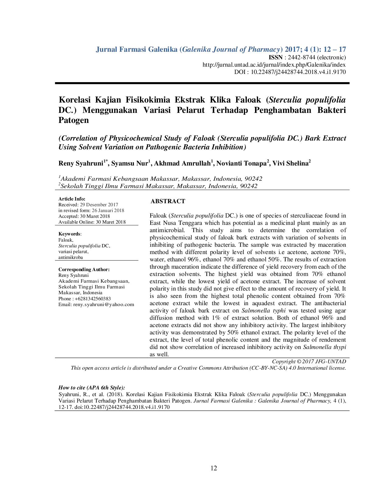 JURIS Korelasi Kajian Fisikokimia Ekstrak Klika Faloak Sterculia populifolia DC Menggunakan Variasi Pelarut Terhadap Penghambatan Bakteri Patogen