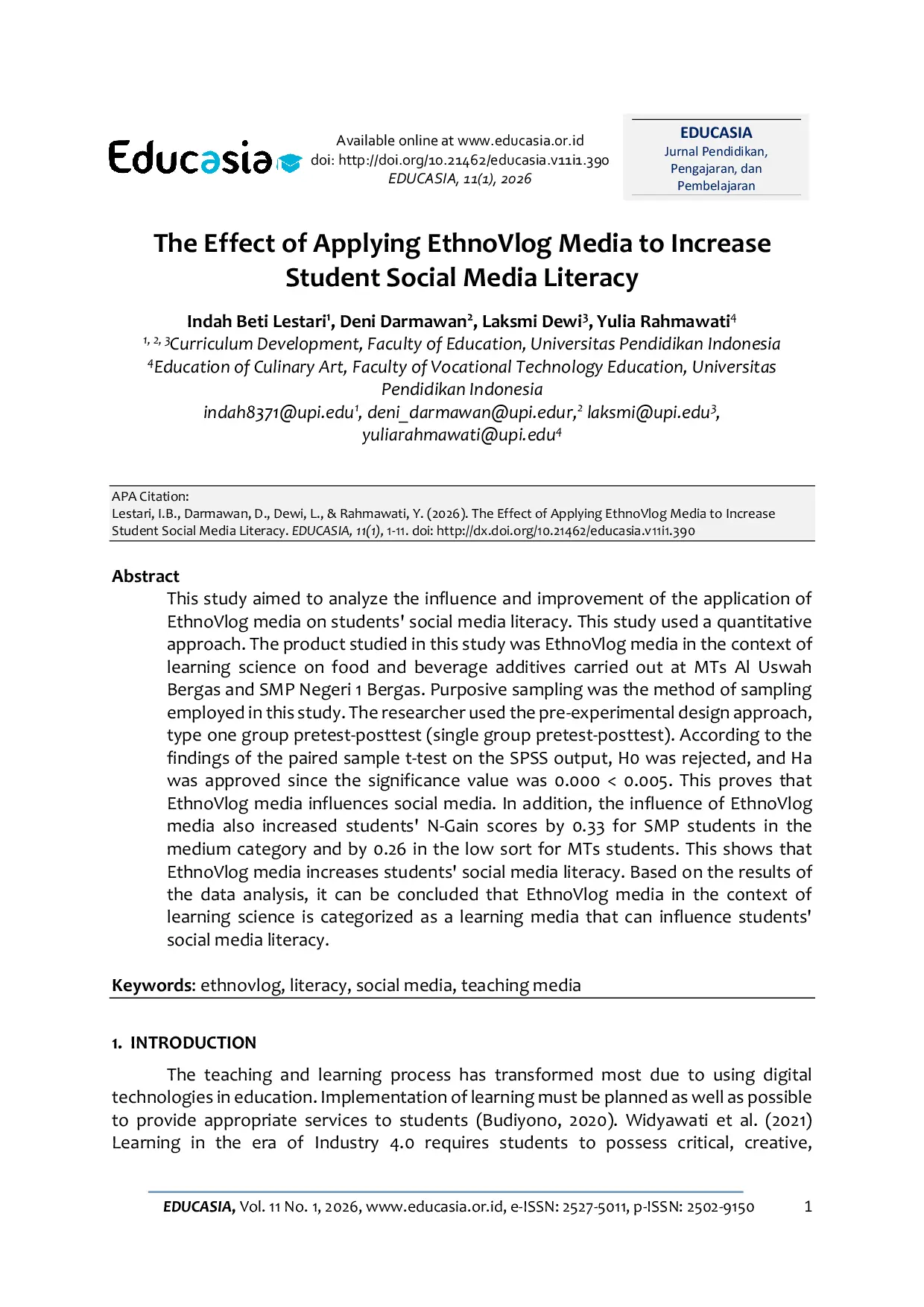 JURIS The Effect of Applying EthnoVlog Media to Increase Student Social Media Literacy