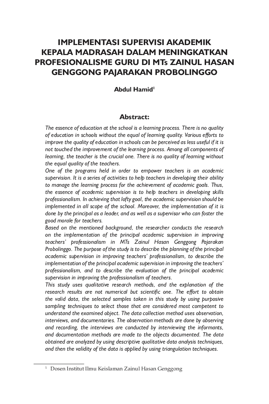 JURIS Implementasi Supervisi Akademik Kepala Madrasah dalam Meningkatkan Profesionalisme Guru di MTs Zainul Hasan Genggong Pajarakan Probolinggo