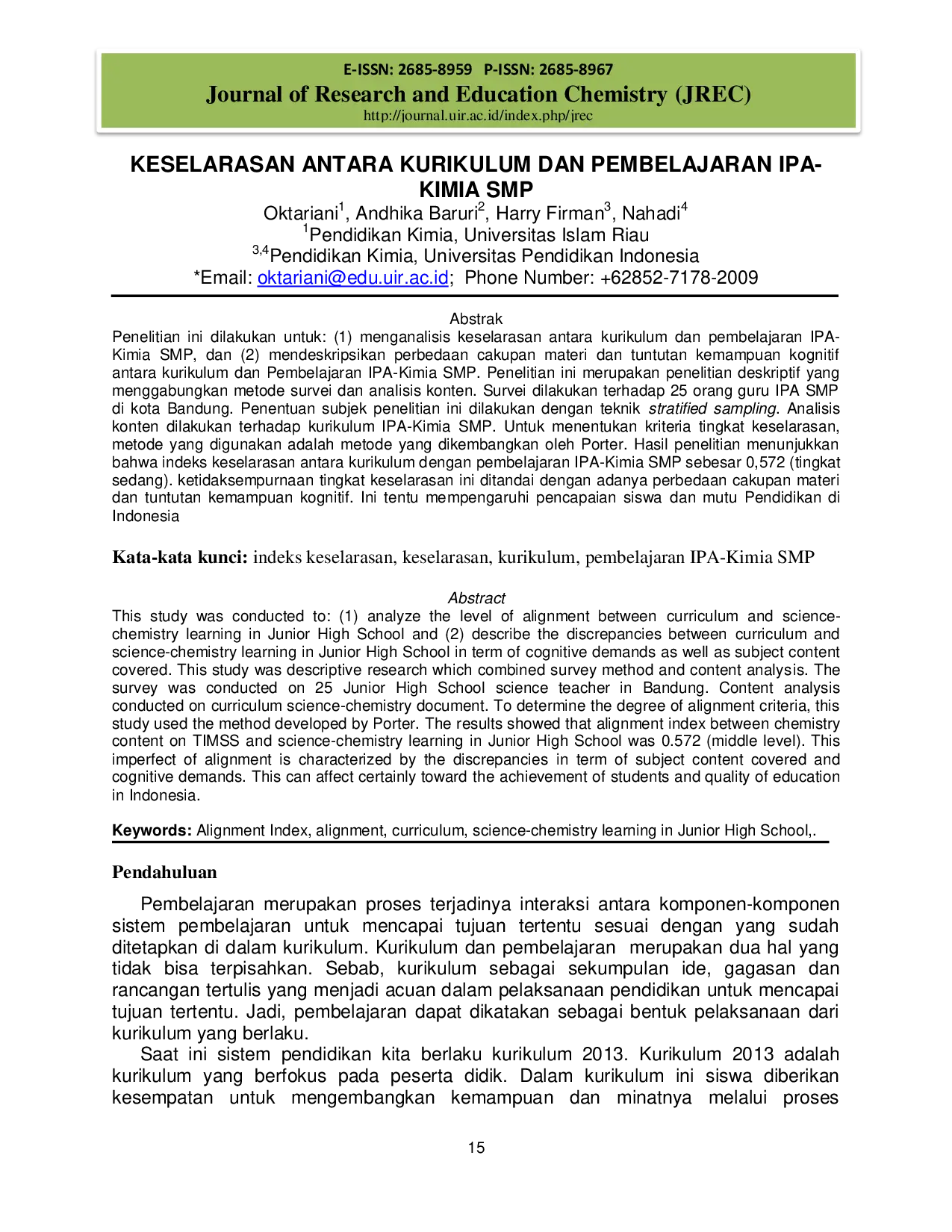 JURIS Keselarasan Antara Kurikulum dan Pembelajaran IPA Kimia SMP